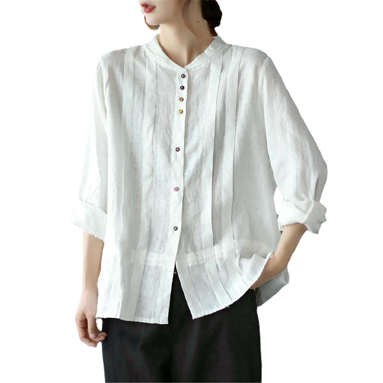 Women's Long Sleeve Loose Blouse - Spring Autumn Cotton Linen Casual Top for Women | Versatile Solid Color Shirt for Office, Dating & Everyday Wear