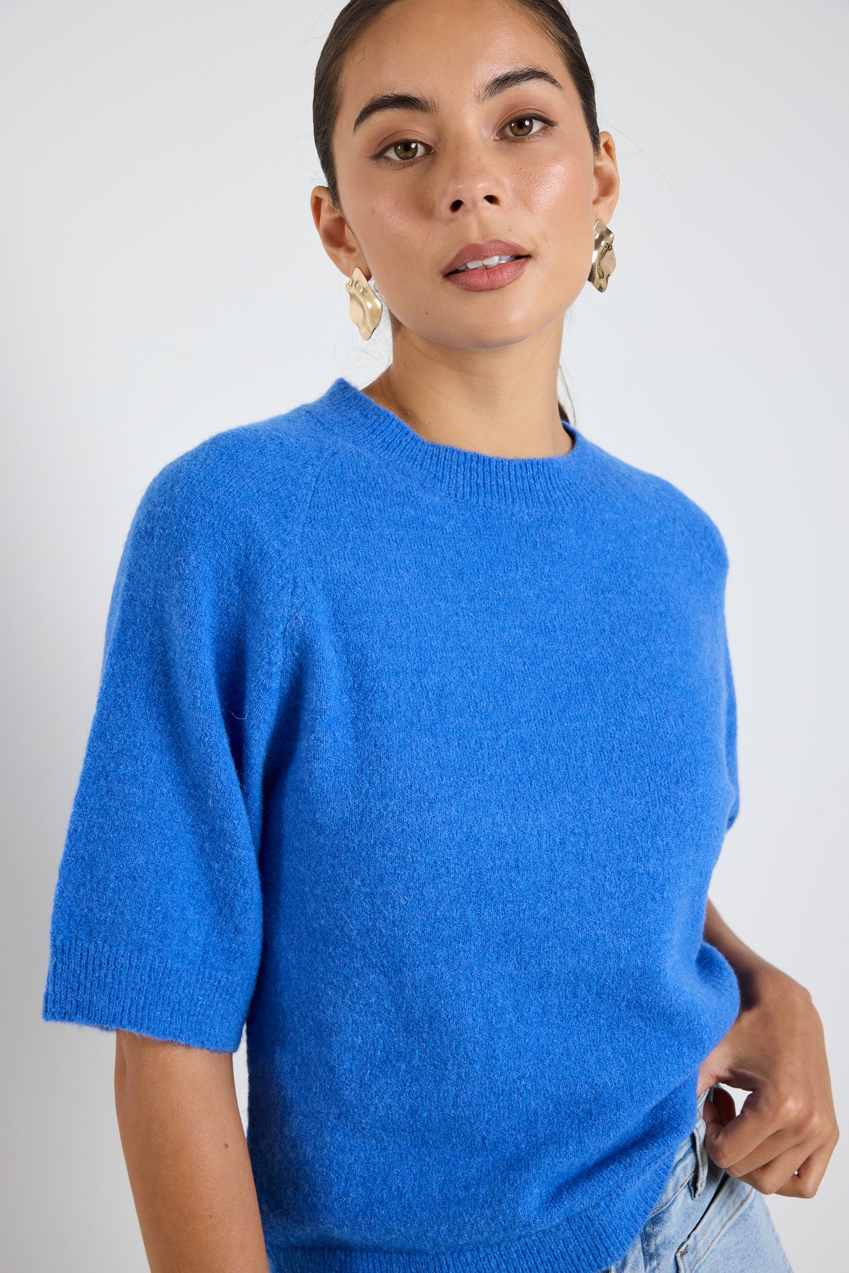 Assembled Azure Blue Alpaca Blend Raglan Knit Tee - Soft & Comfortable Women's Casual Top for Everyday Wear