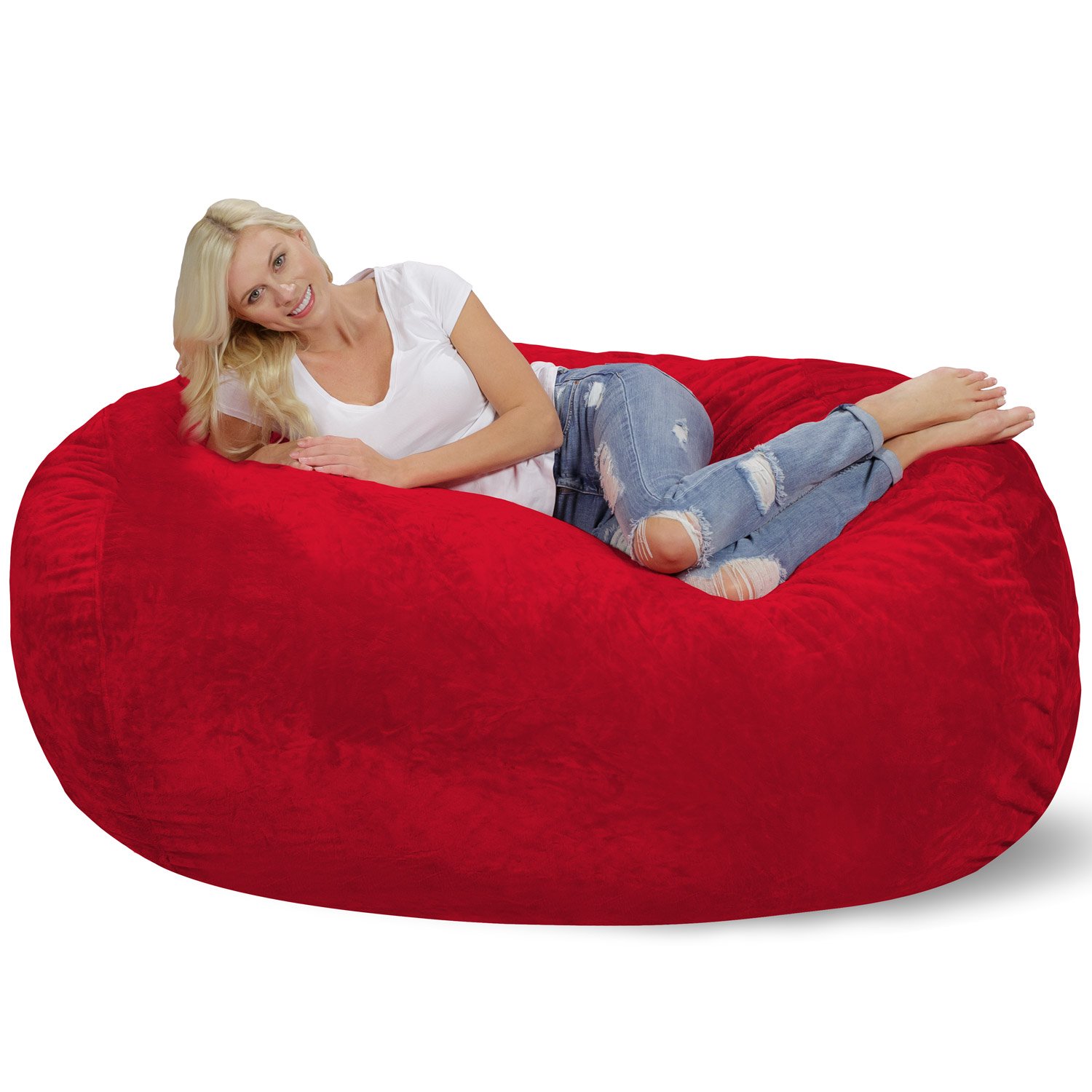 Chill Sack 6ft Memory Foam Bean Bag Chair - Oversized Lounger with Soft Microfiber Cover (Red Furry) for Living Room, Game Room & Dorm Relaxation