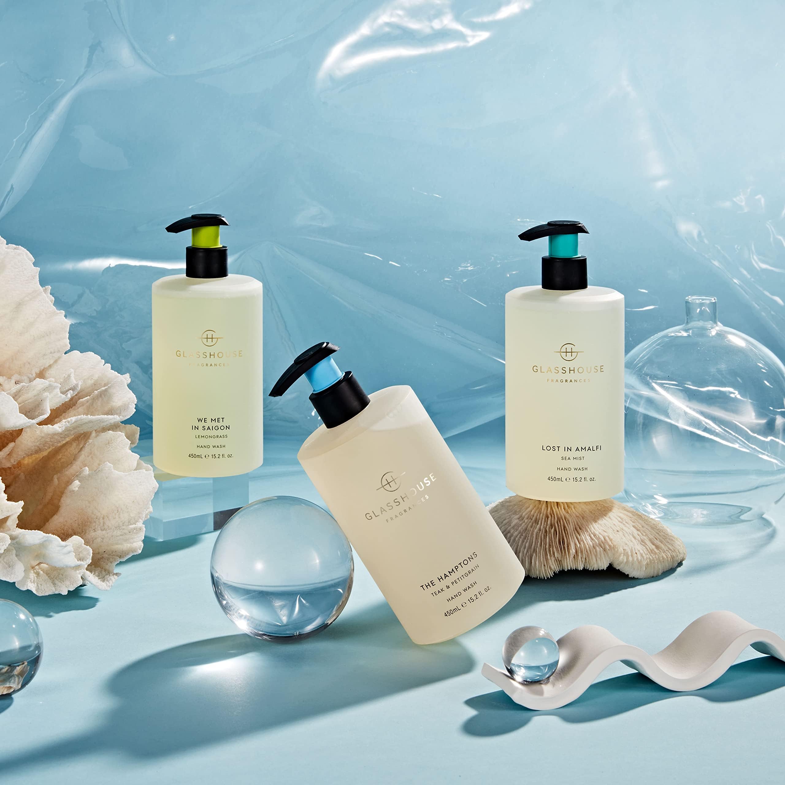 Glasshouse Fragrances Luxury Hand Wash 3-Pack - The Hamptons, I'll Take Manhattan, Lost in Amalfi Scents | Aloe Vera & Vitamin E Enriched | Soothing Moisturizing Formula | 15.2 Fl Oz (450mL) Each | Perfect for Bathroom, Kitchen & Guest Washrooms