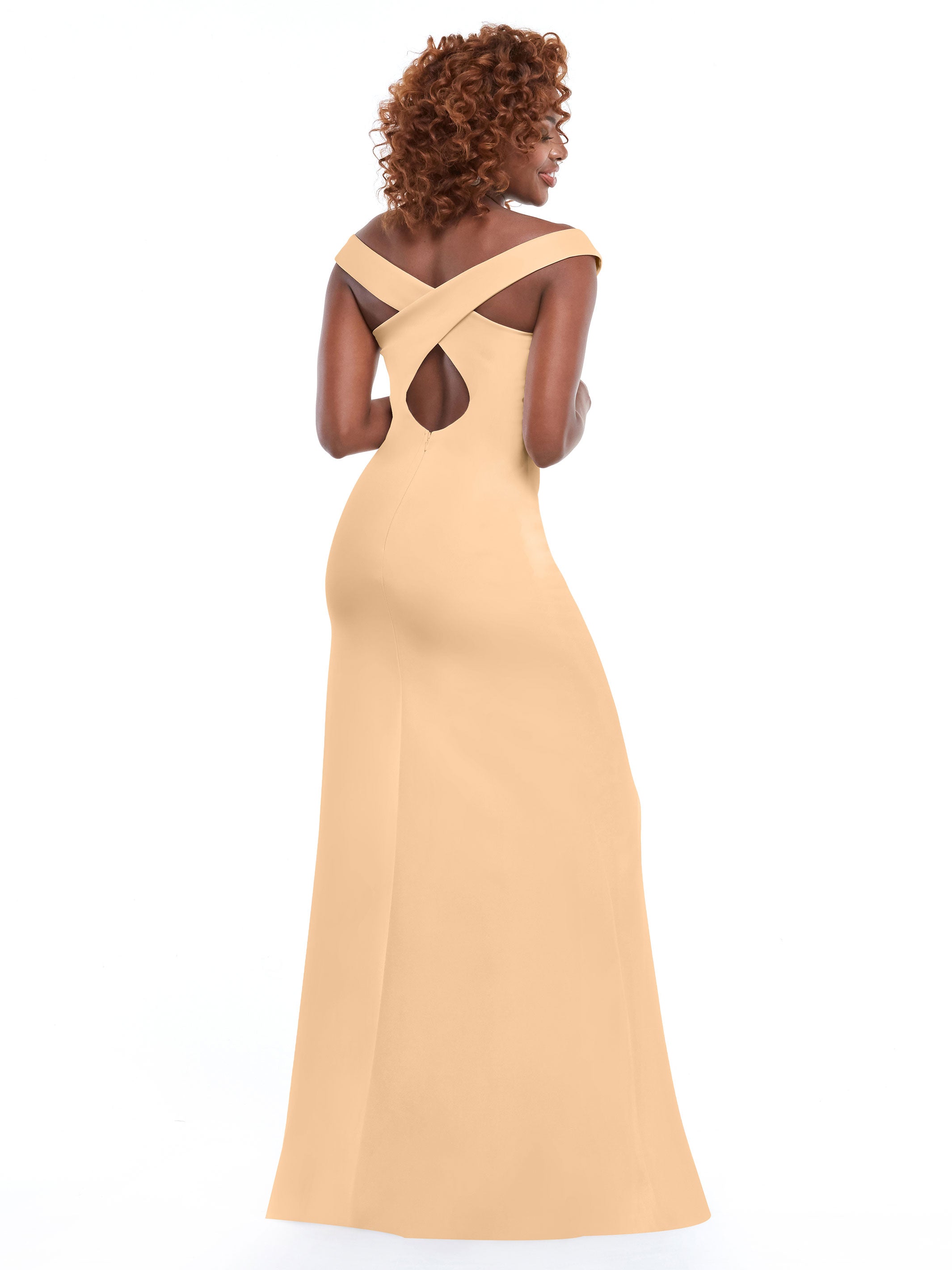 Elegant Off-the-Shoulder Double Knit Bridesmaid Dress with Thigh Slit - Perfect for Weddings, Prom & Formal Events