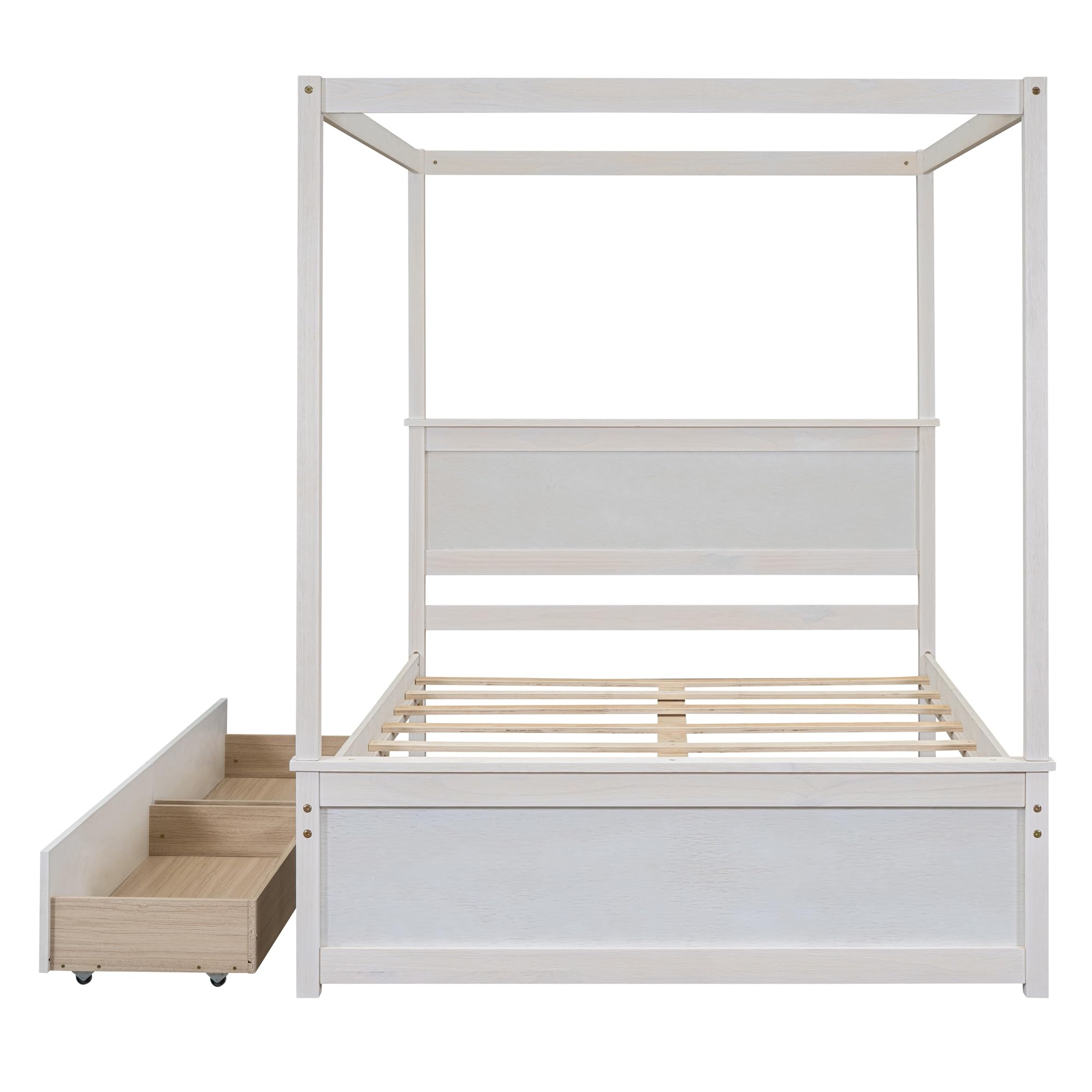**Full Size Canopy Bed with 2 Storage Drawers & Headboard - Wooden Four Post Platform Bed in Brushed White - Perfect for Master Bedroom, Guest Room & Cozy Farmhouse Decor**