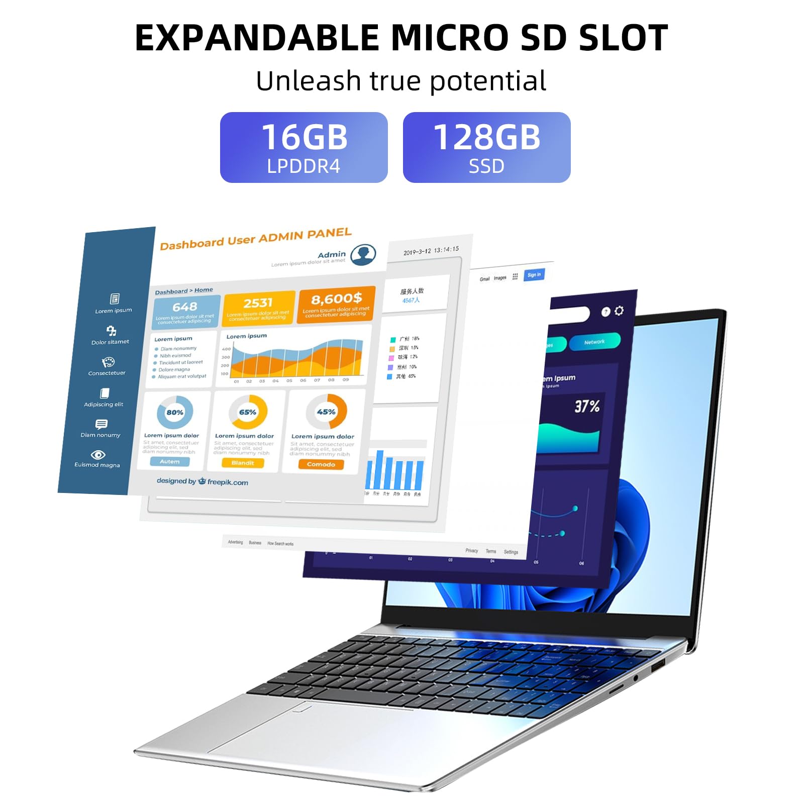 Aichiw 15.6 Inch Laptop - Windows 11, 16GB RAM, 128GB SSD, Intel Celeron Quad-Core Processor up to 2.9GHz, Lightweight Notebook with Dual Band WiFi, Fingerprint Security, Backlit Keyboard - Silver | Perfect for Work, Study & Home Office Use