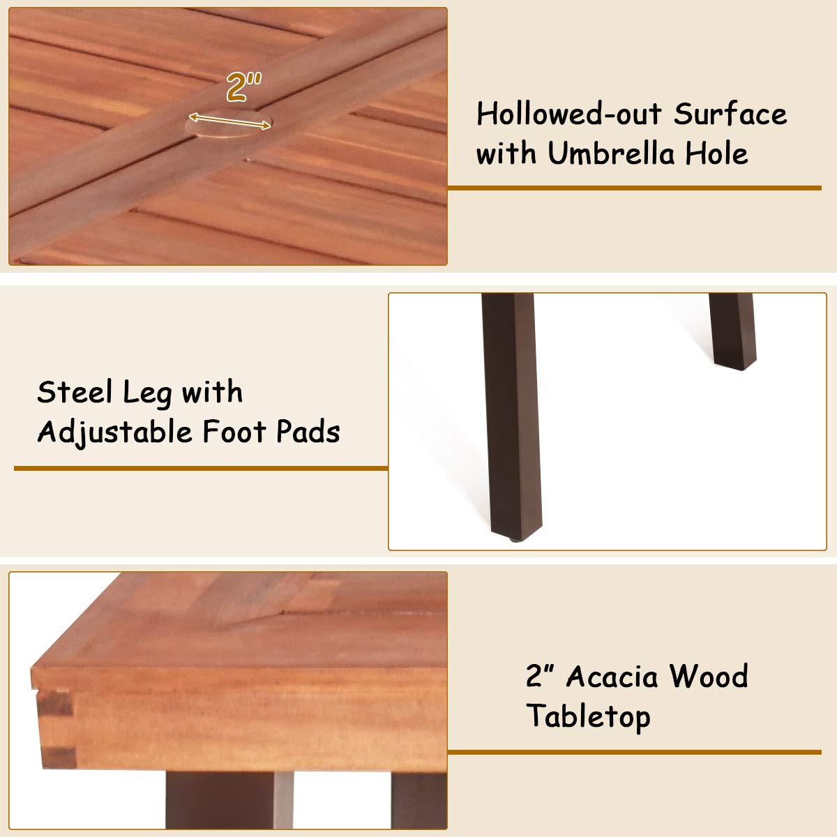 **Giantex Outdoor Patio Dining Table with Umbrella Hole - Acacia Wood Rectangular Picnic Table for Backyard, Garden, Lawn, Farmhouse - Rustic Brown Metal Legs - Perfect for BBQs, Parties & Outdoor Dining**