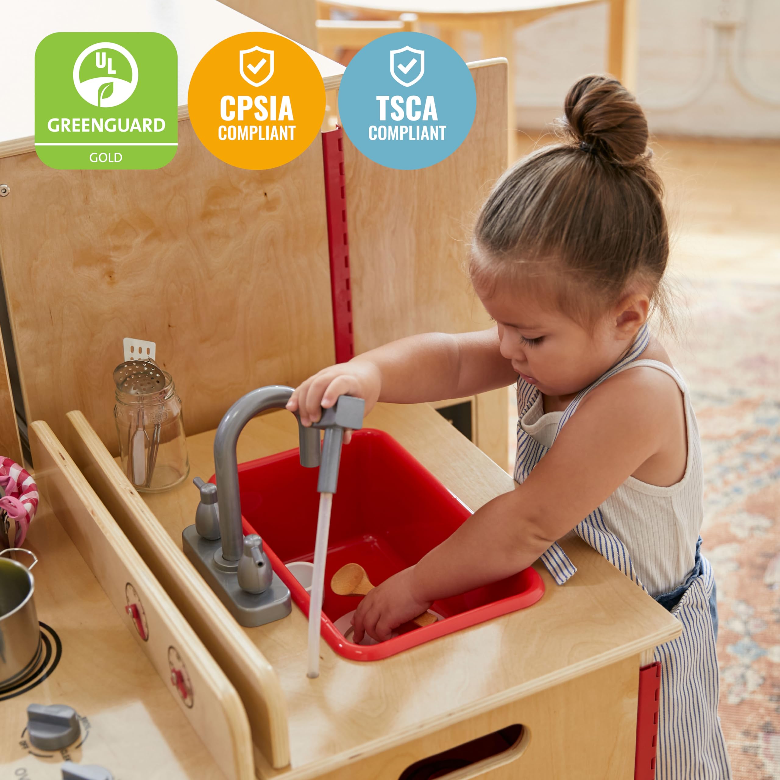 ECR4Kids Wooden Play Kitchen Sink Set - Natural Wood Pretend Play Sink for Kids - Perfect for Imaginative Play, Role-Playing & Early Childhood Development