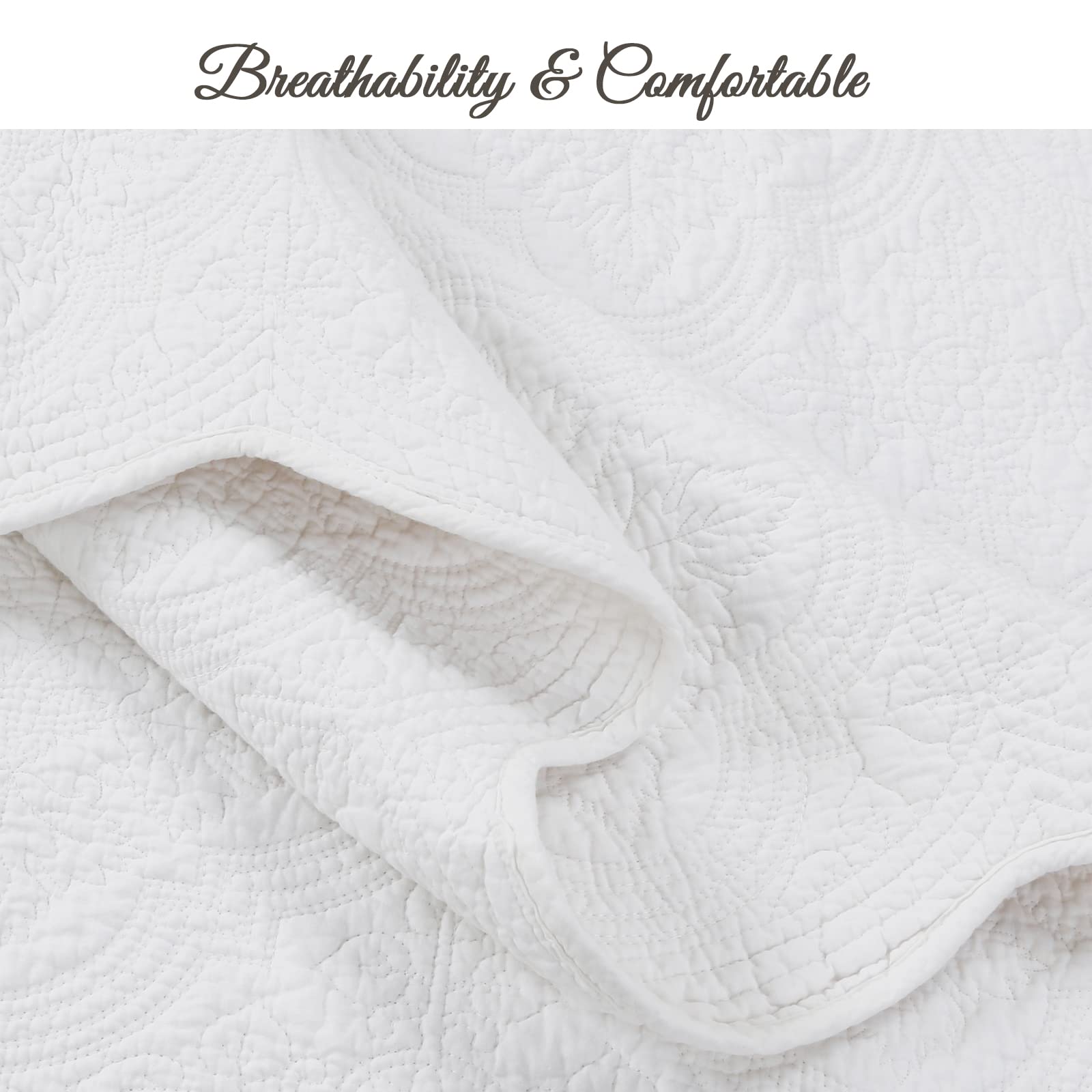 Pure Cotton Quilt Set Queen Size 3-Piece - Cozy Line Home Fashions Soft Breathable Bedding (Blantyre White) for Bedroom, Guest Room & Dorm Comfort