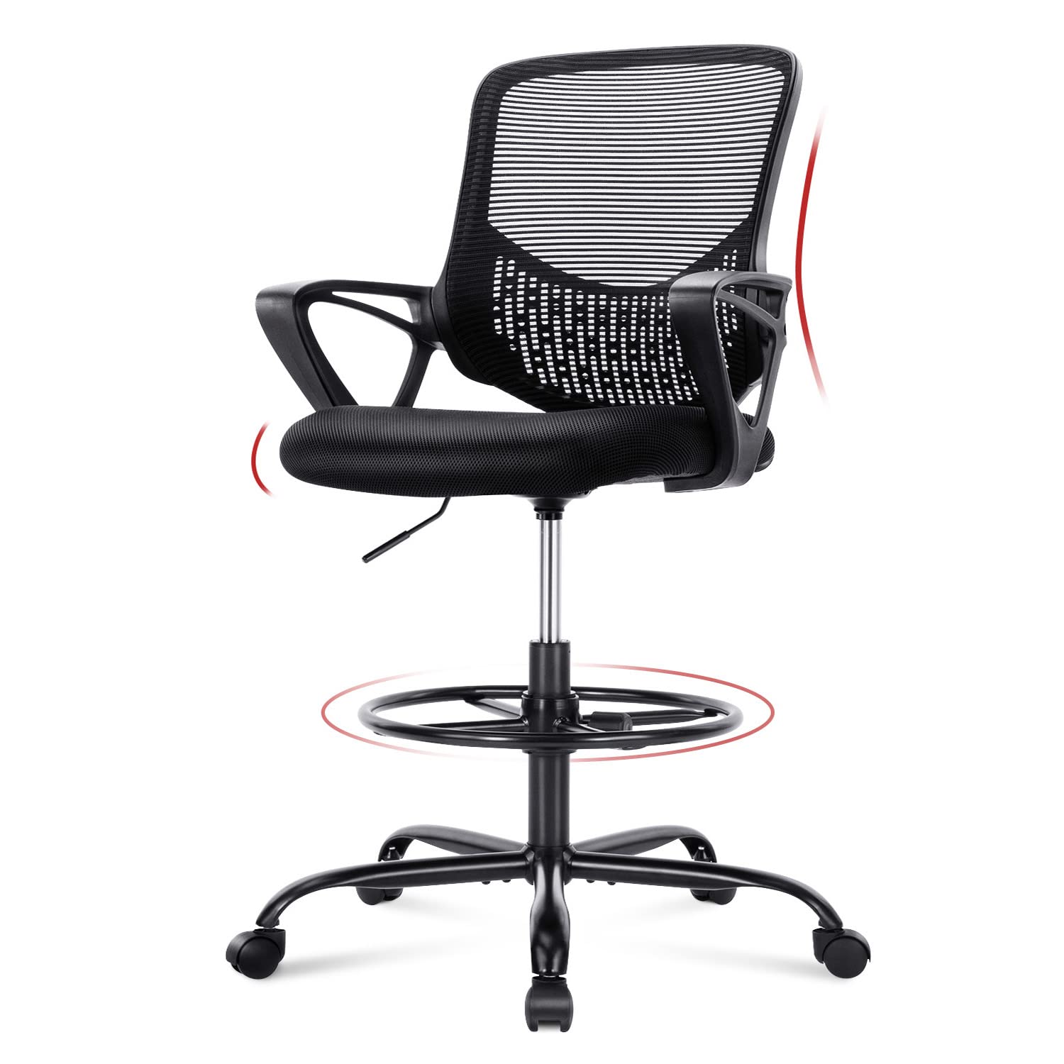 Ergonomic Mid-Back Mesh Drafting Chair - Adjustable Height Office Chair with Lumbar Support, Armrests & Foot Ring for Standing Desks - Black Stool for Artists, Architects & Counter Height Workspaces