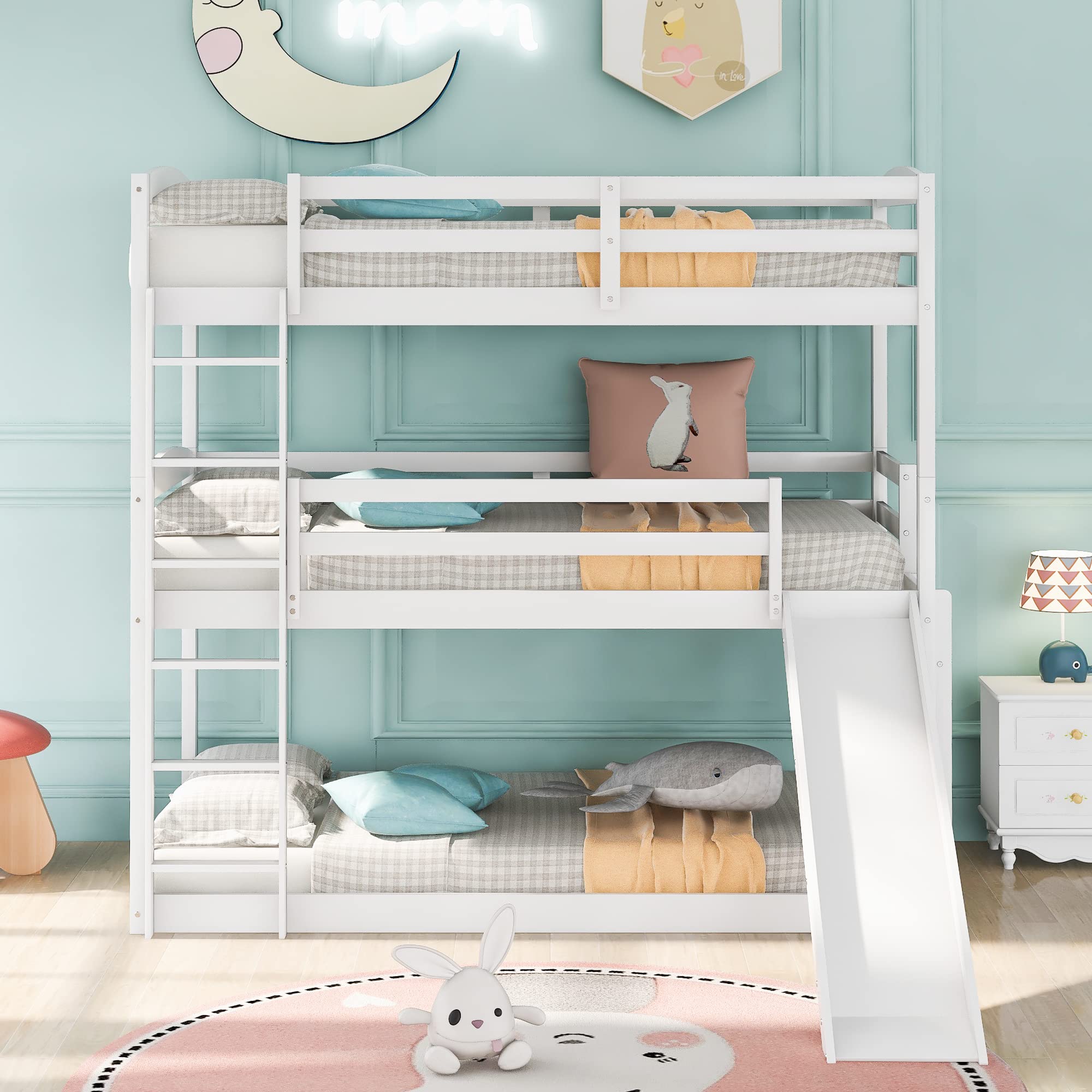 Triple Bunk Bed with Ladder and Slide - Twin Over Twin Over Twin Adjustable Bunk Bed with Full-Length Guardrails - Perfect for Kids' Bedrooms, Dorm Rooms, and Space-Saving Home Solutions