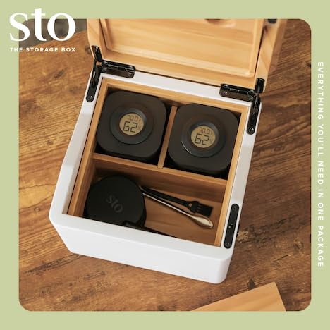Premium STO Storage Box with Lock & Magnetic Tray - 2 Airtight Glass Jars with Digital Hygrometers - Large Organizer Box with Accessory Compartment - Solid New Zealand Pine Wood Lid & White Base - Perfect for Storing Herbs, Spices, Tea, Coffee & Valuables at Home or Office
