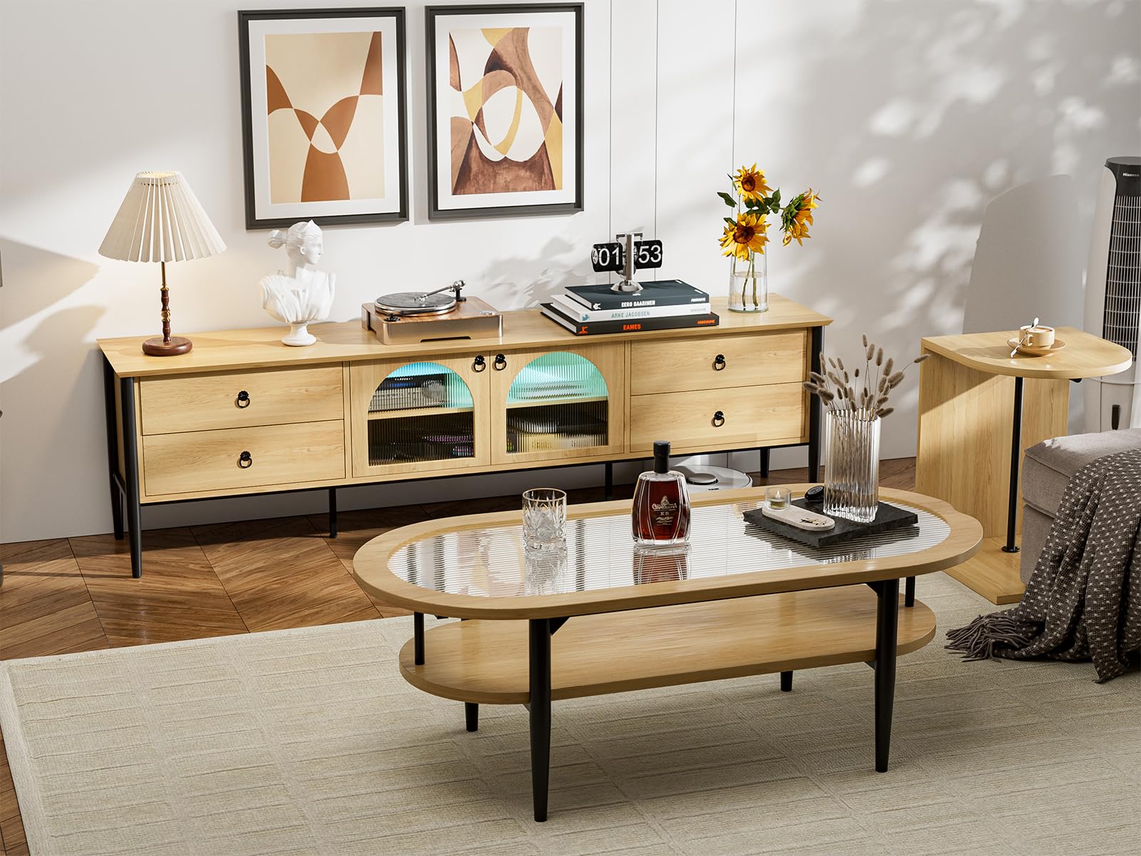85 Inch Glass LED TV Stand - Modern Entertainment Center with 2 Glass Doors & 4 Drawers - Wooden Console Table for Living Room & Bedroom - Perfect for Home Theater Setup & Media Storage
