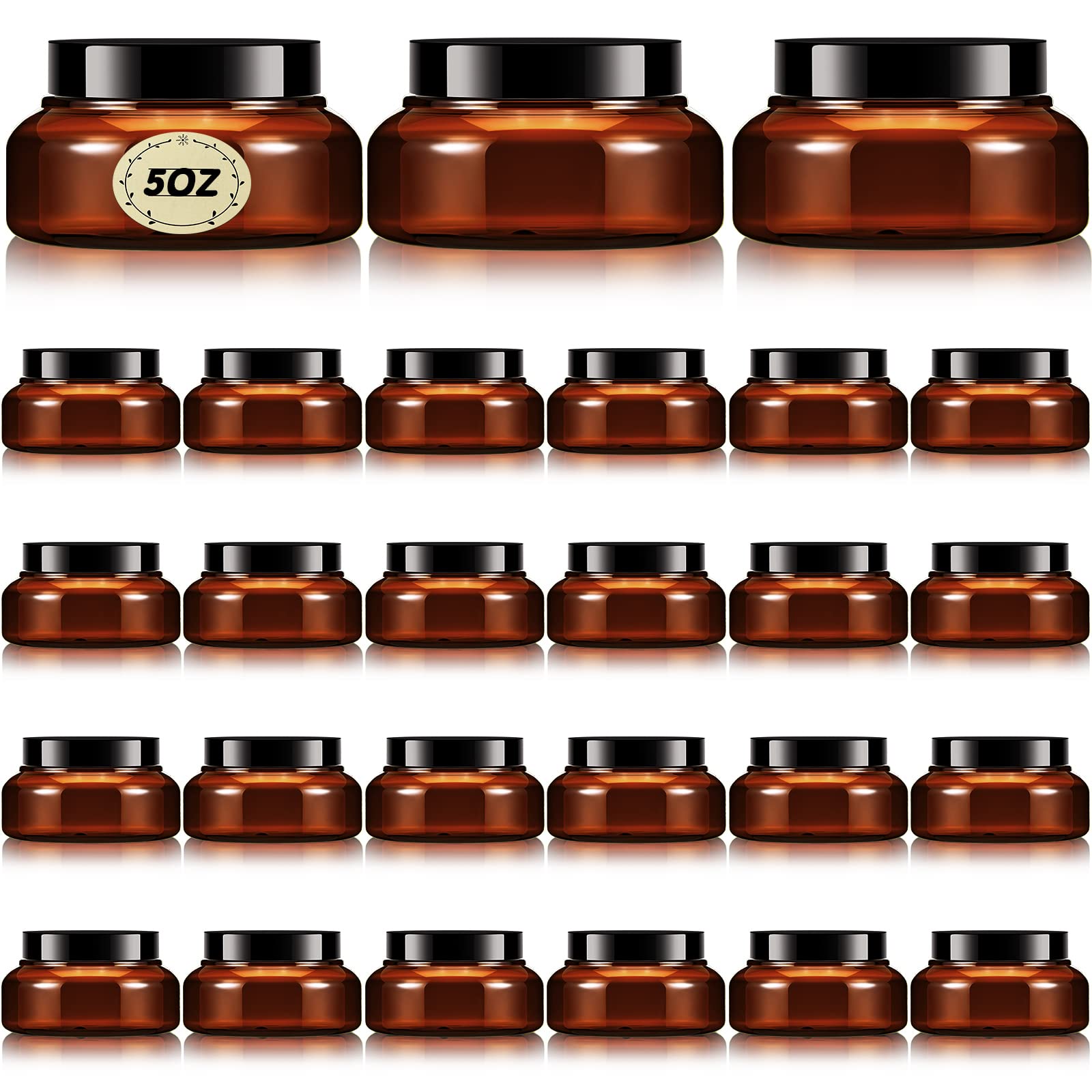 24 Pack 5 oz Clear Plastic Jars with Lids - Round Refillable Cosmetic Containers for Body Butter, Sugar Scrubs & Makeup | Bulk Empty Jars with Labels | Perfect for DIY Beauty Products, Crafts & Storage (Brown)