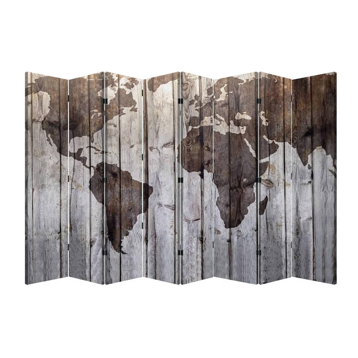 Portable 8-Panel Folding Room Divider with World Map Canvas - Wood Effect Freestanding Privacy Screen for Home, Office & Bedroom | Perfect for Space Separation & Decoration