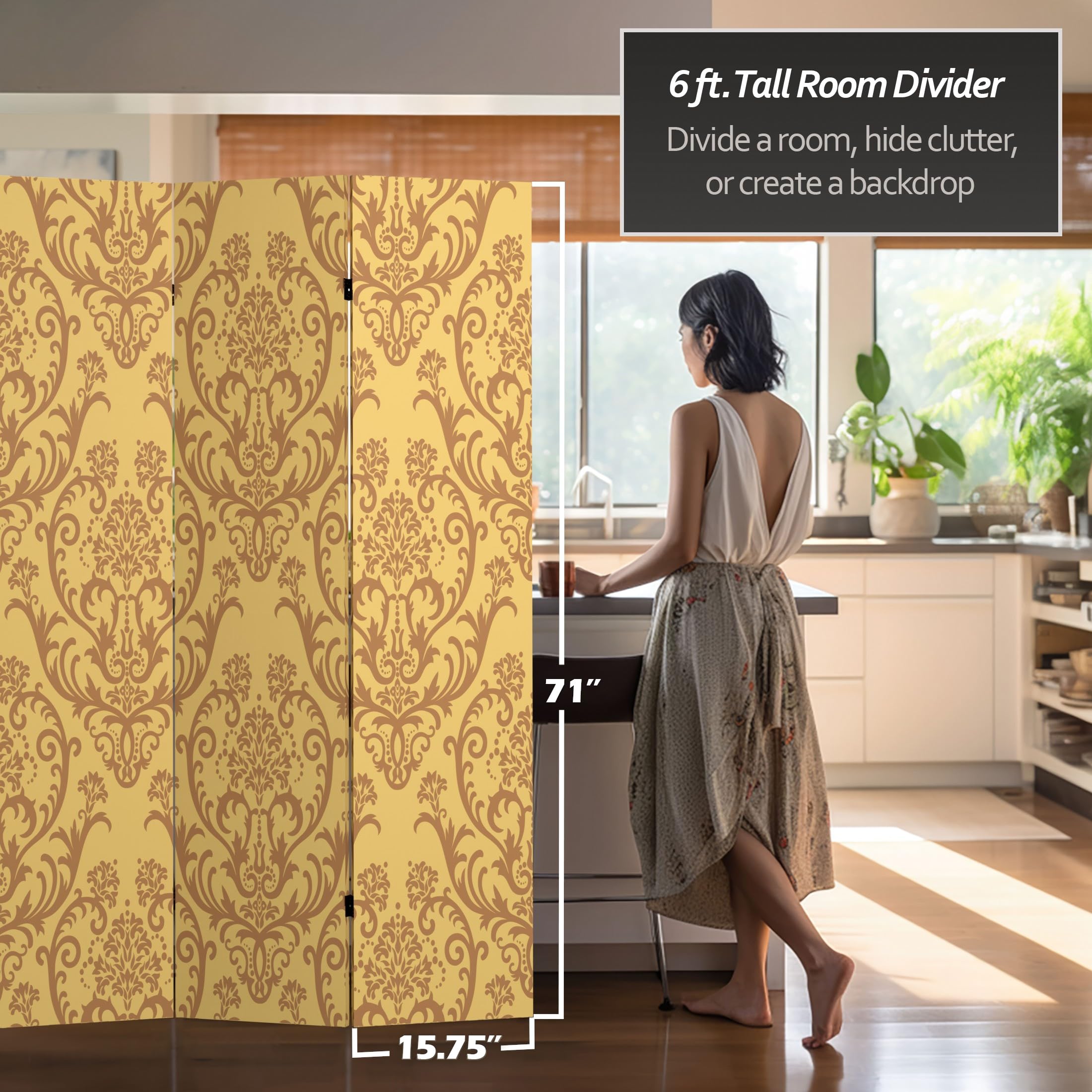 6 ft. Tall Double Sided Red Lantern Room Divider - 71 Inch Height, 3 Panel Folding Privacy Screen with Orange Damask Pattern - Perfect for Home Decor, Office Partition & Event Backdrop