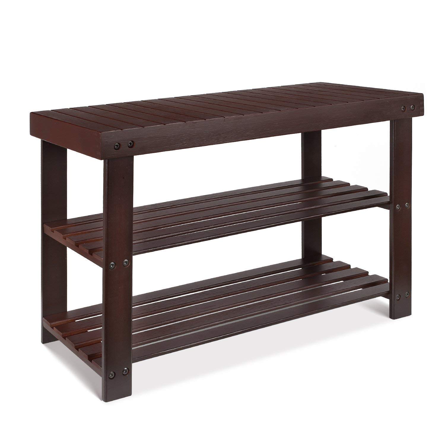 Roundhill Furniture Pina Solid Wood Shoe Bench with Storage - Cherry Finish Entryway Organizer for Hallway, Bedroom & Mudroom