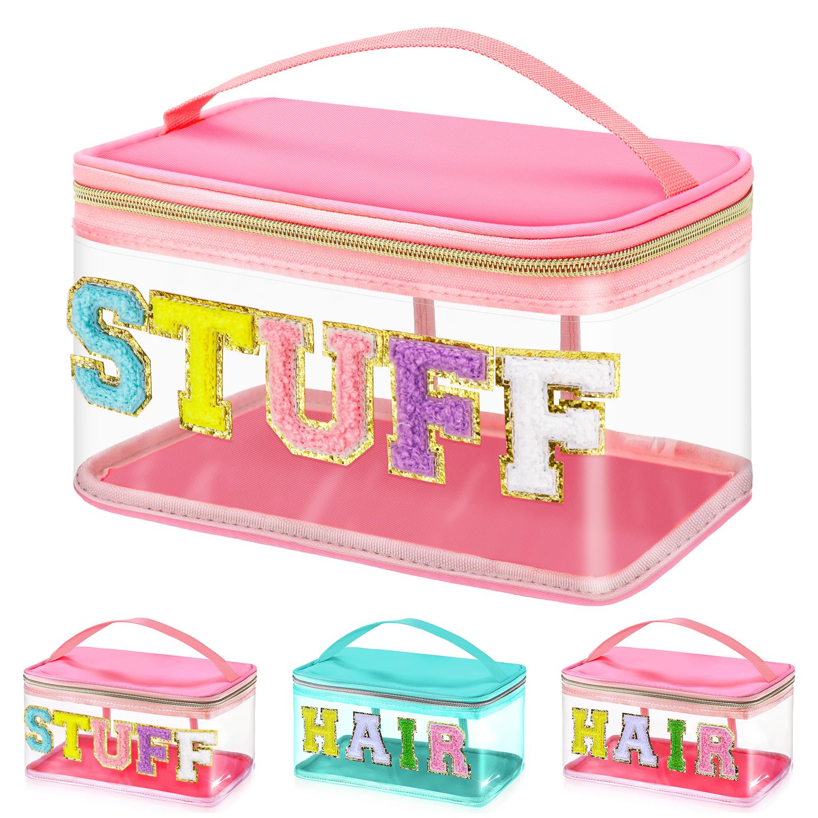 Chenille Letter Clear Makeup Bags | Preppy Pink Cosmetic Bag with Handle & Zipper | Waterproof TPU Travel Toiletry Organizer Pouch for Women & Girls | Perfect for School, Gym, Travel & Daily Essentials Storage