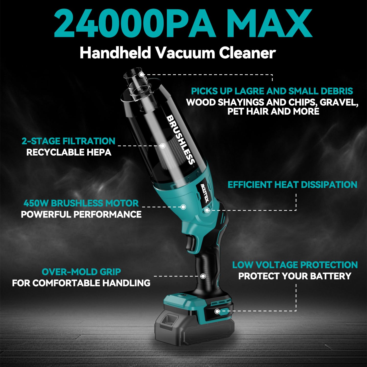 18V Cordless Handheld Vacuum Cleaner - 5-in-1 Stick Vacuum with 450W Brushless Motor, 24Kpa Suction & HEPA Filtration - Perfect for Hard Floors, Carpets, Cars, and Pet Hair (Battery Not Included)