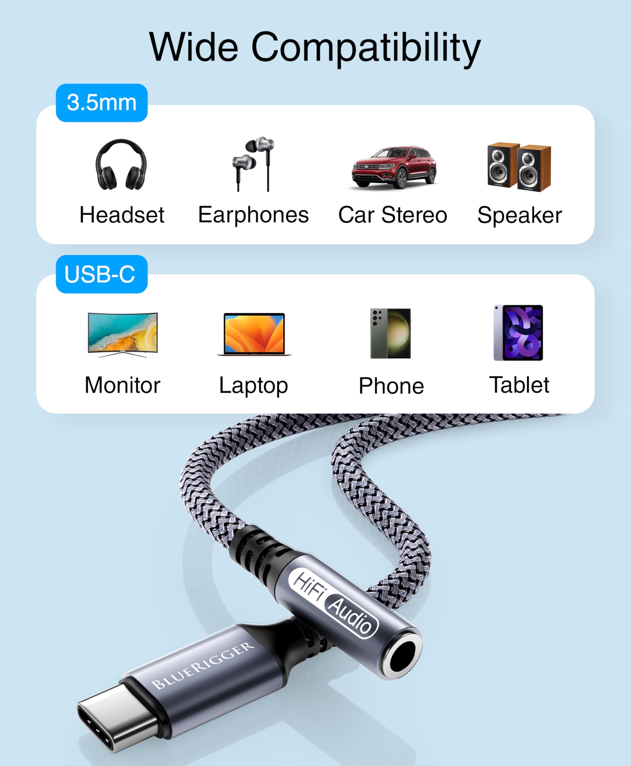 BlueRigger USB C to 3.5mm Audio Adapter Cable (3FT) - Female AUX to USB C Adapter, USB-C to Headphone Jack Extension for Phone, Tablet, Laptop - Perfect for Music, Gaming & Conference Calls