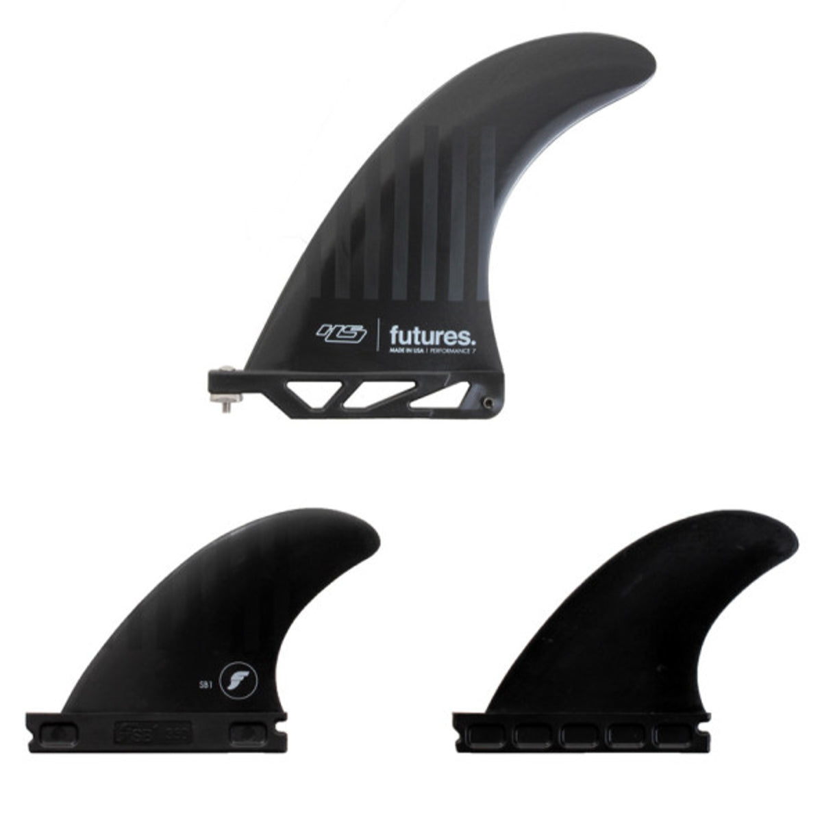 Futures 2+1 Surfboard Fins with 7 Center Fin - SB1 Pair + Performance 7 - C6 Alpha Black & Stripes - Perfect for Shortboards and Performance Surfing