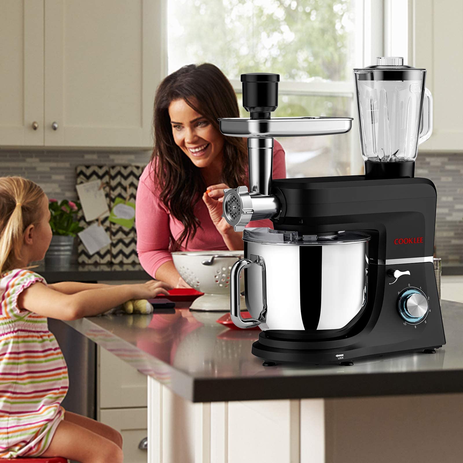 COOKLEE 6-in-1 Stand Mixer, 8.5 Qt. Powerful 800W Electric Kitchen Mixer with 9 Attachments - Dough Hook, Whisk & More - Perfect for Baking Bread, Cakes, Cookies & Pizza Dough - Ideal for Home Bakers & Professional Chefs (Black, SM-1507BM)