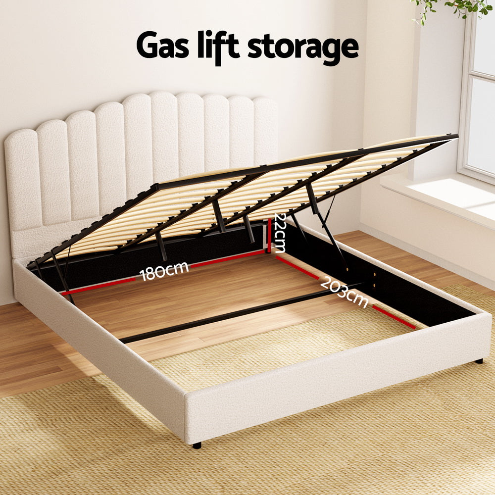 Fion King Boucle Upholstered Storage Bed with Drawers - Cream White | Modern Platform Bed Frame for Small Spaces | Perfect for Apartments, Dorms & Guest Rooms