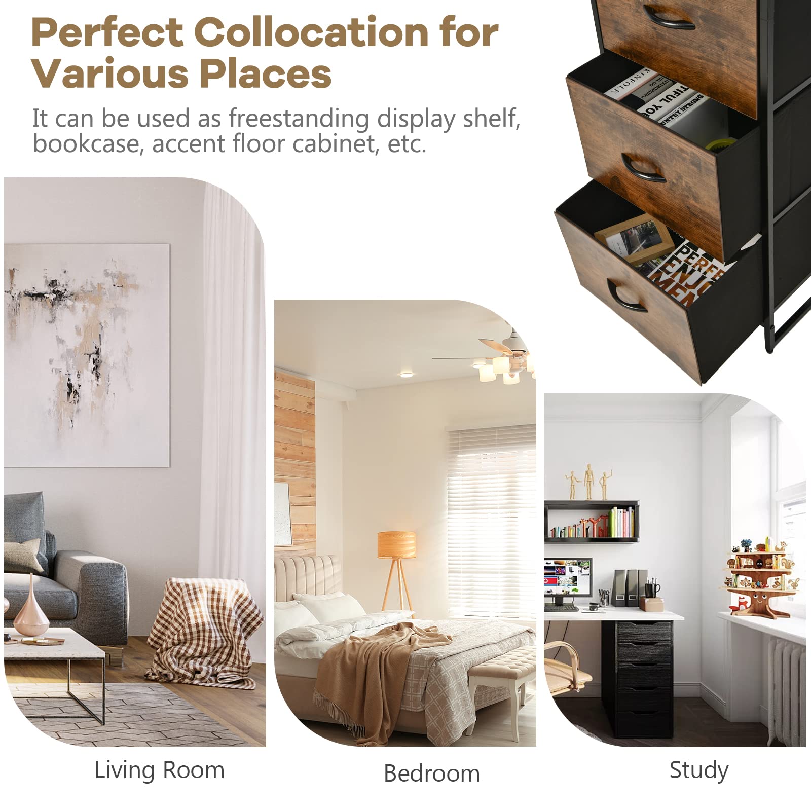 LOKO Tall Floor Storage Cabinet - Industrial Skinny Cabinet with 3 Fabric Drawers, Rustic Narrow Storage Organizer with Adjustable Footpads (17x15x61.5 Inches) - Perfect for Bedroom, Living Room & Office Organization