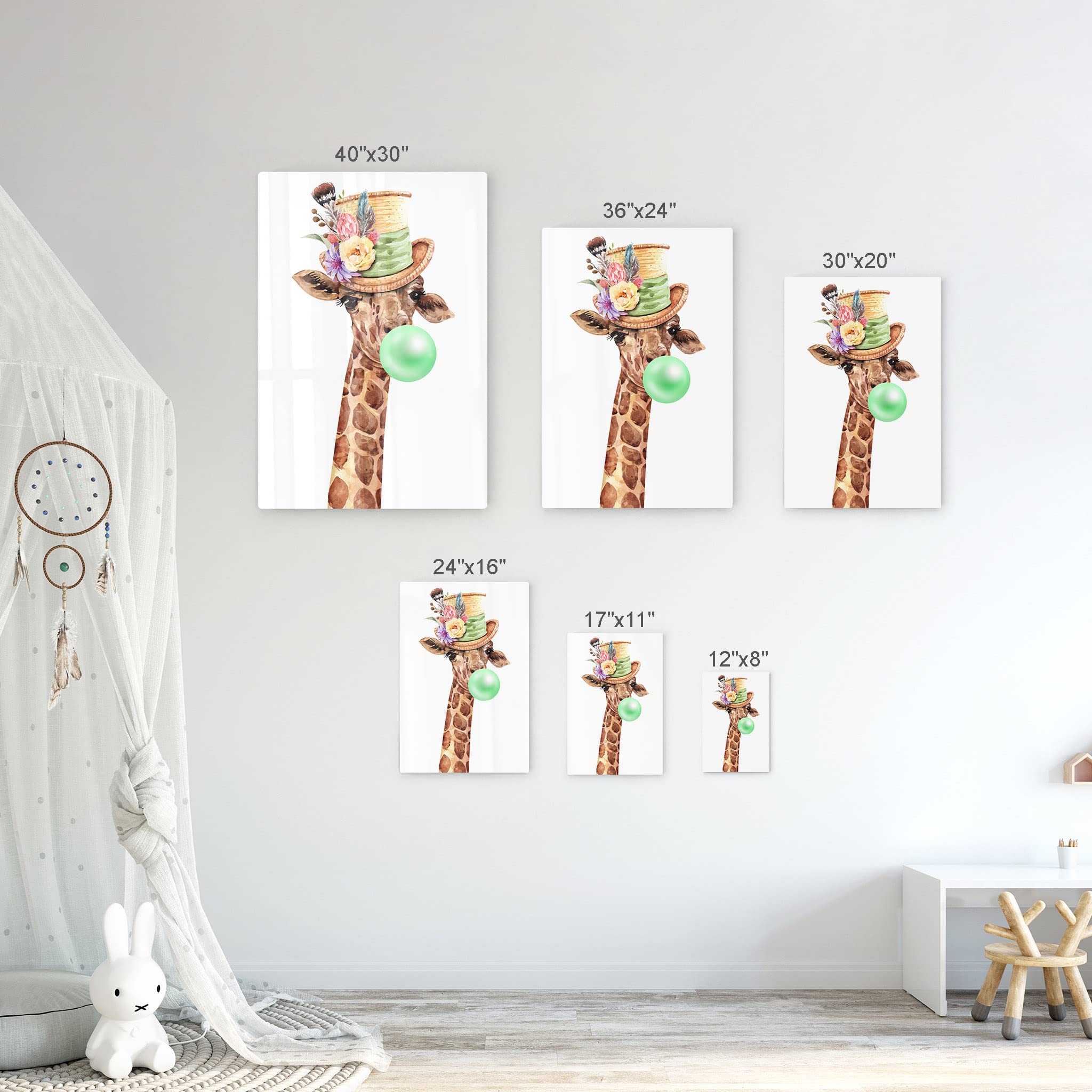 2-Piece Giraffe with Flower Hat Chewing Bubble Gum Metal Wall Art Set - 12x8 Inches Animal Pop Art for Living Room, Bedroom, Nursery & Kids Room Decor | Unique Wall Hanging for Home, Office & Gift Giving