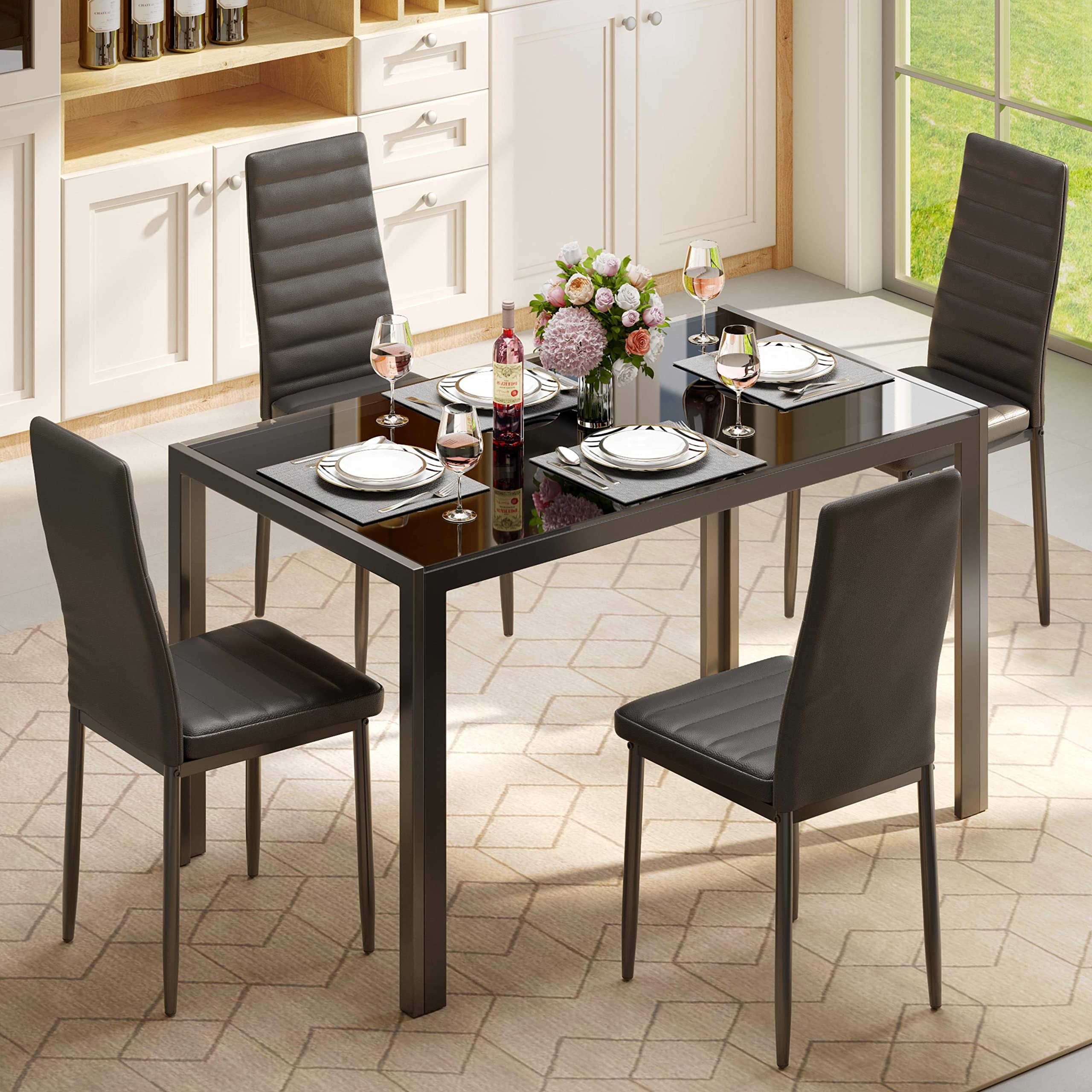 Gizoon 5-Piece Modern Glass Dining Table Set with PU Leather Chairs for 4, Perfect for Home, Kitchen, and Living Room Spaces | Ideal for Small Apartments and Family Gatherings