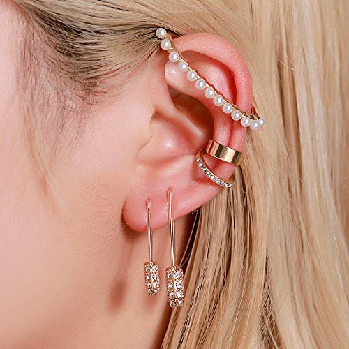 ASMITA 14K Gold 4-5PCS Safety Pin Dangle Earrings with Cubic Zirconia - Cartilage Hoop Earrings Set for Women - Trendy Jewelry for Parties, Weddings & Everyday Wear