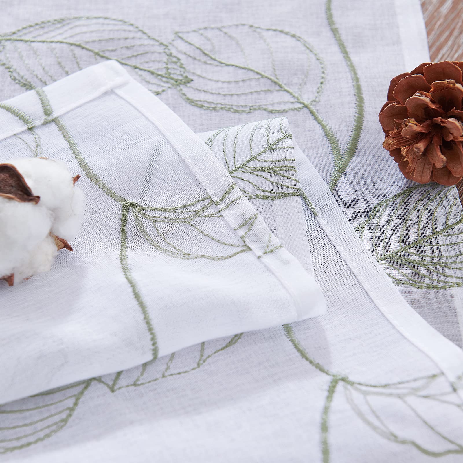 White Sage Green Leaf Embroidered Semi-Sheer Cafe Curtains - 45 Inch Rod Pocket, 2 Panels for RV, Camper & Half Windows | Boho Kitchen, Living Room & Bedroom Decor