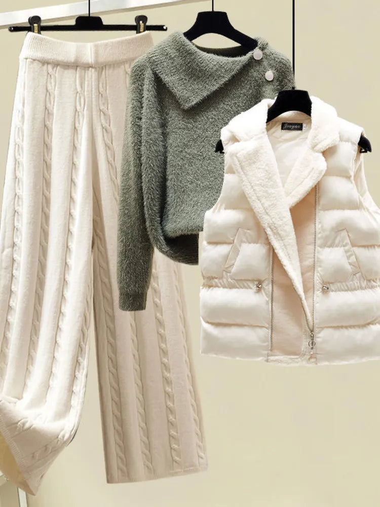 2024 Winter Warm 3-Piece Knit Outfit Set for Women - Cozy Knitted Sweater, Soft Lamb Wool Vest & Stylish Wide-Leg Twist Pants | Perfect for Casual Wear, Office Outfits & Winter Fashion