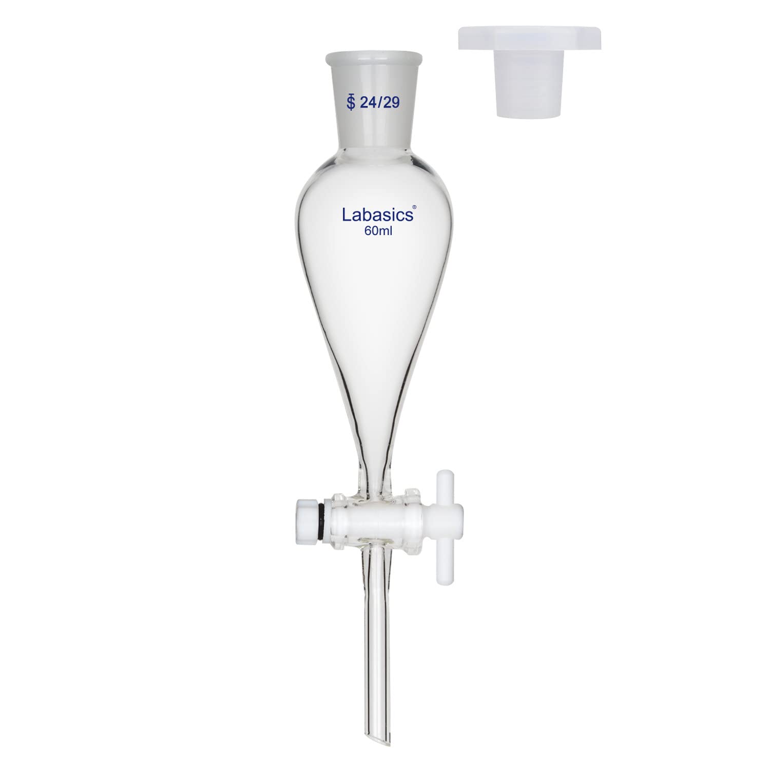 Labasics 60ml Heavy Wall Borosilicate Glass Conical Separatory Funnel with 24/29 Joints & PTFE Stopcock - Ideal for Chemical Separation, Liquid Extraction & Laboratory Experiments