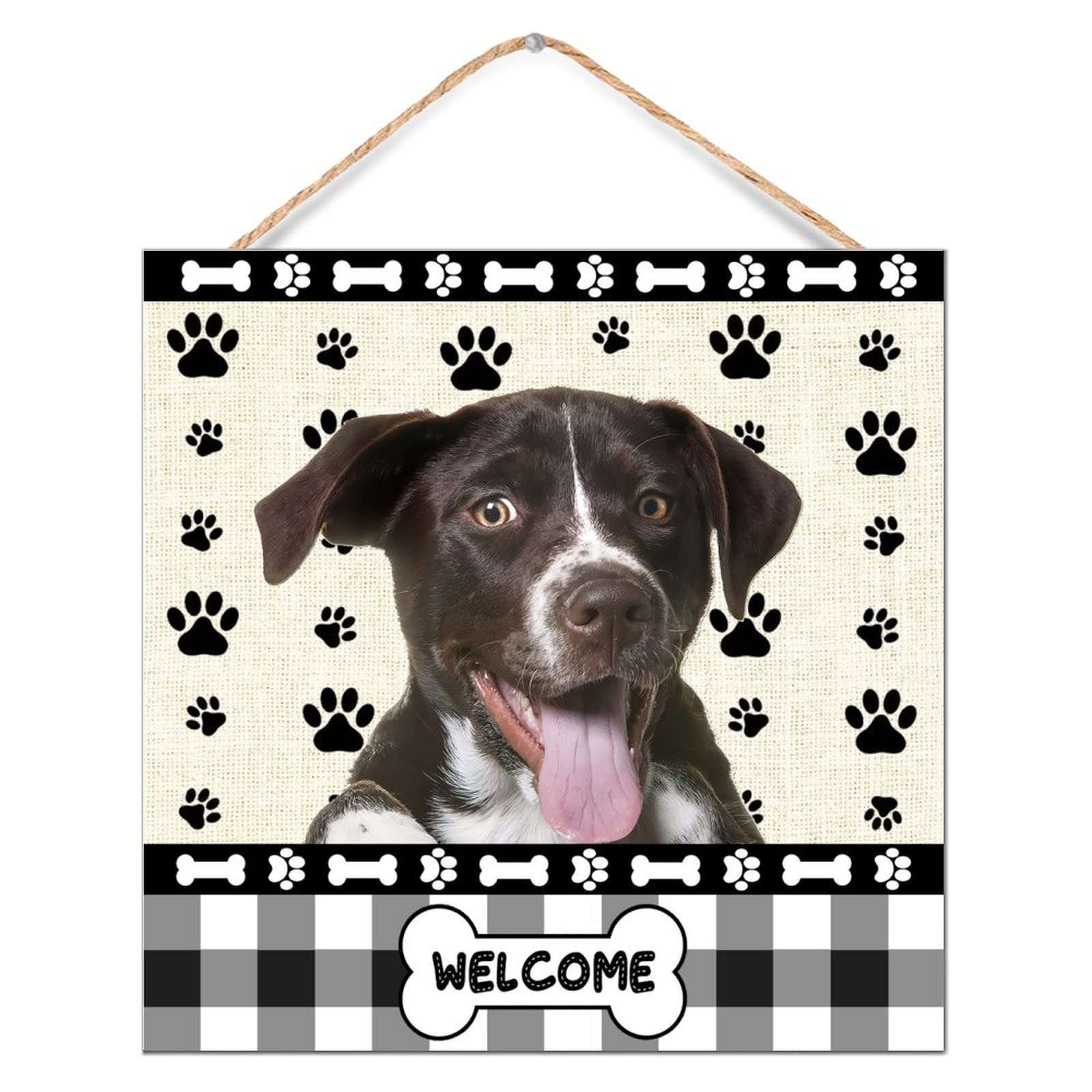 8x8 Inch Rustic Wood Welcome Sign with Dachshund Dog Paw Design - Farmhouse Wall Art Plaque for Door, Kitchen, Dining Room - Handcrafted Wooden Hanging Decor for Home & Office Use
