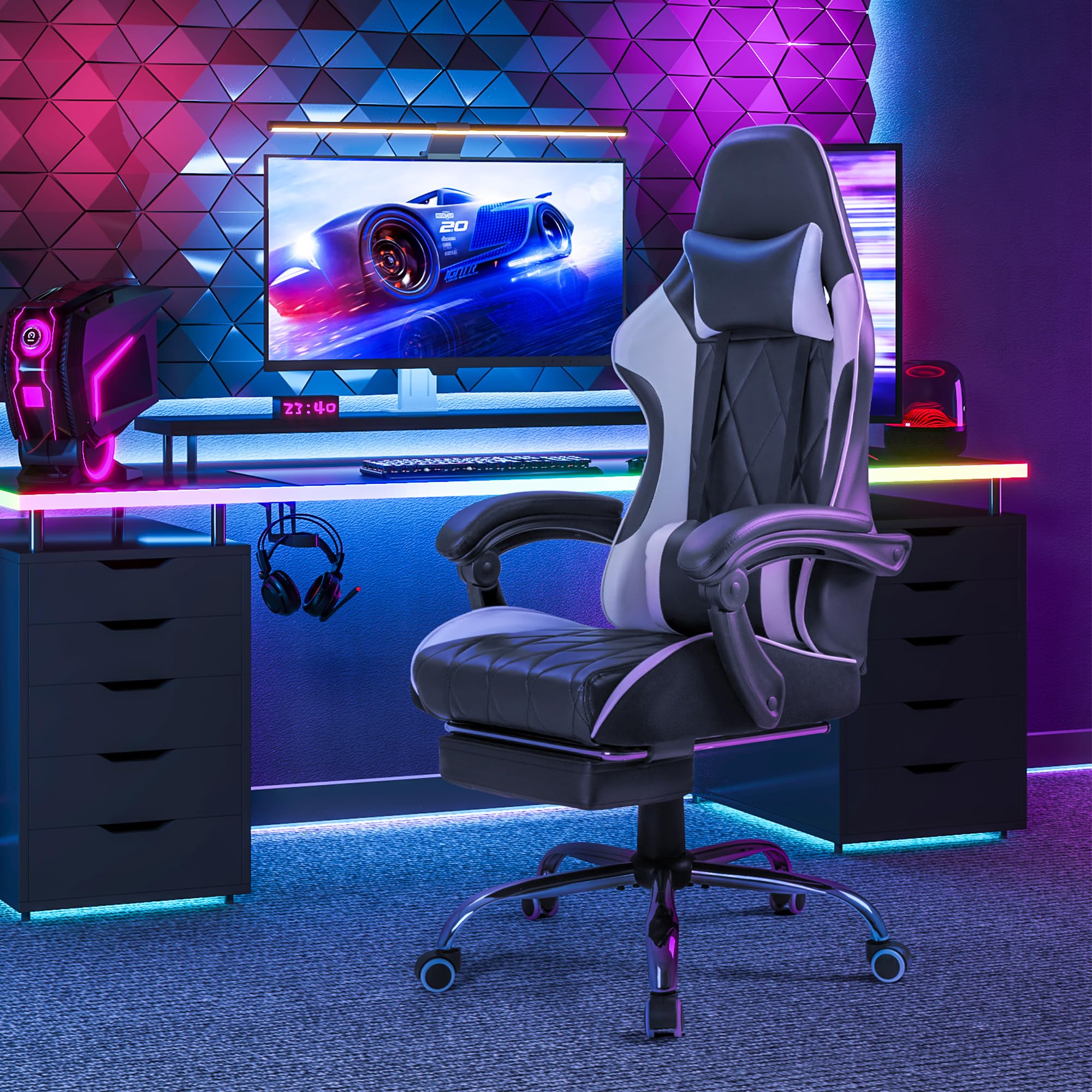 Homall Ergonomic Gaming Chair with Footrest & Lumbar Support - High Back Computer Chair with Swivel Seat & Headrest for PC Gamers - Perfect for Office, Streaming & Esports (White)