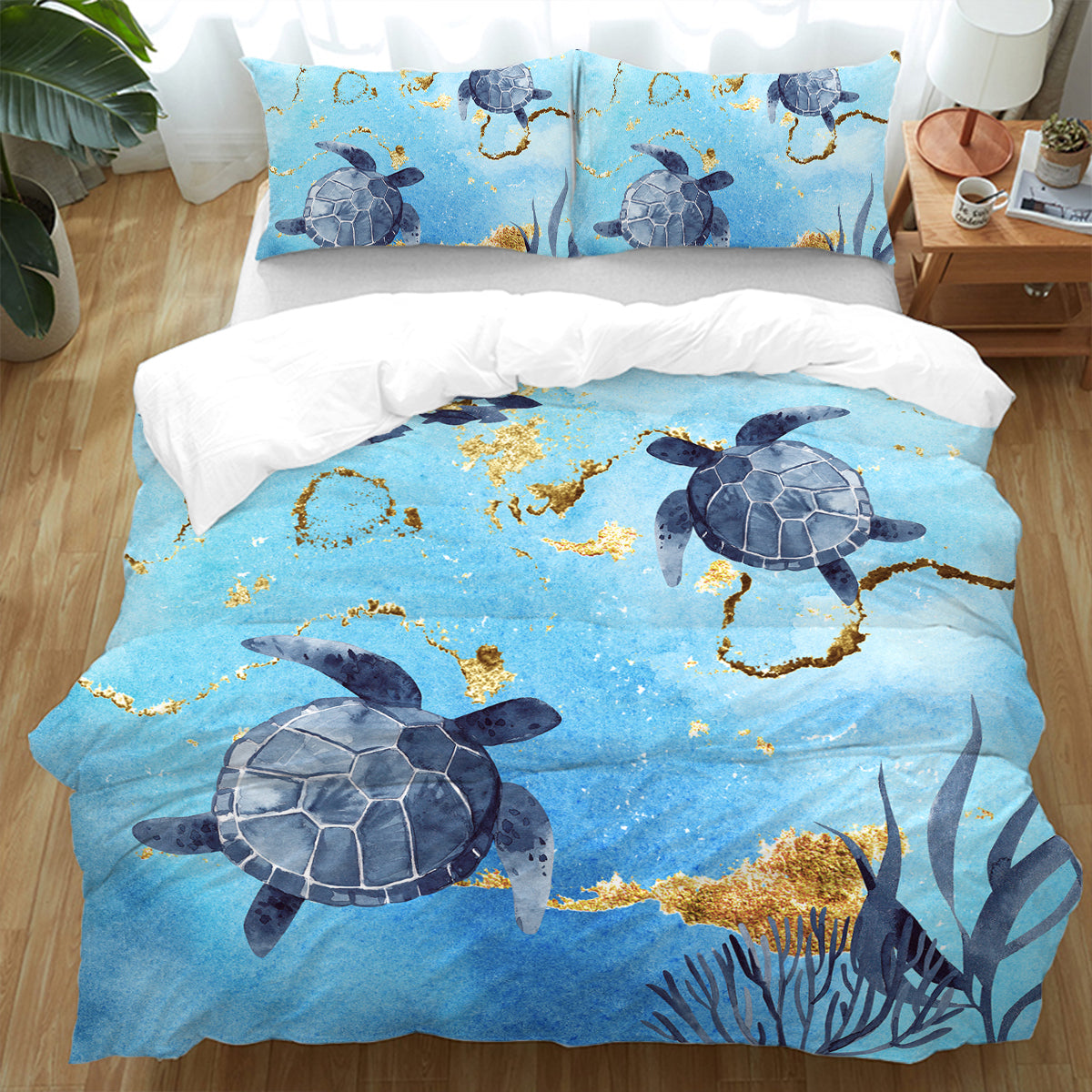 Premium Golden Sea Turtle Bay Duvet Cover Set - King Size, 3-Piece Coastal Bedding with Ocean Theme - Perfect for Beach House, Guest Room & Coastal Decor