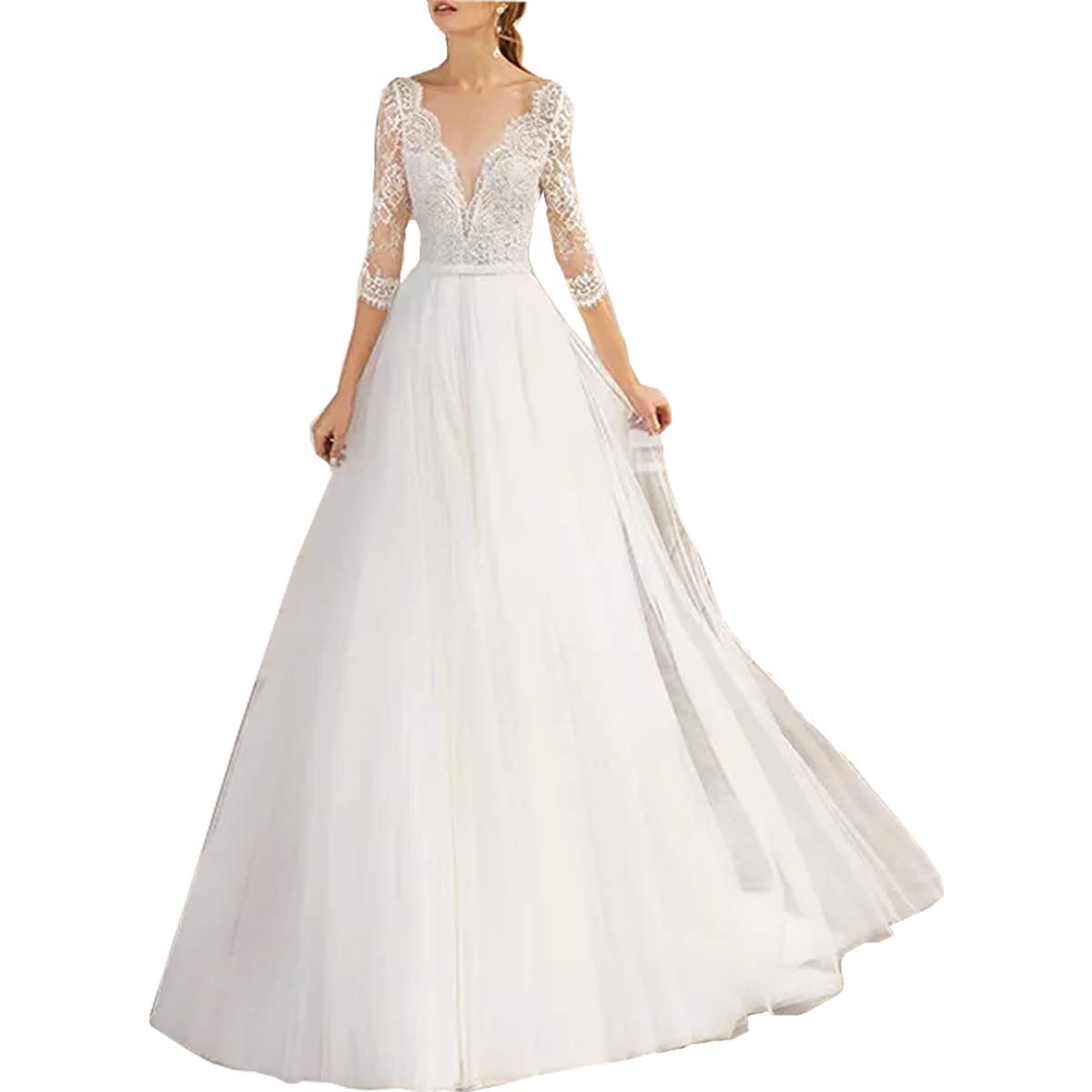 Elegant White V-Neck Lace A-Line Wedding Dress for Women - Plus Size Long Sleeve Bridal Gown for Church, Beach, and Formal Ceremonies