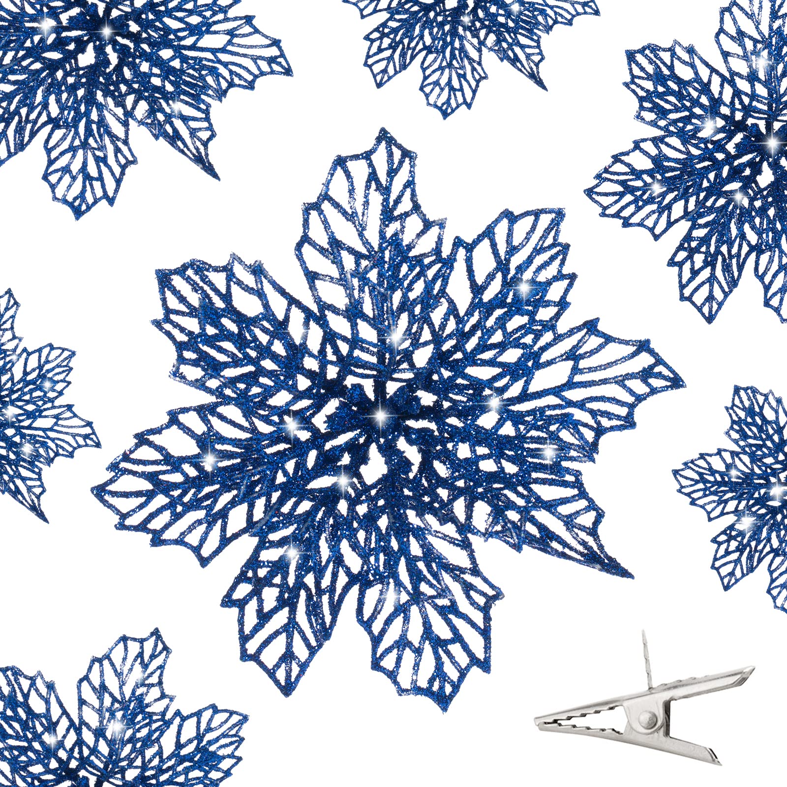 12 Pcs Glitter Poinsettia Flowers with Clips - Christmas Tree Decor for Home & Party
