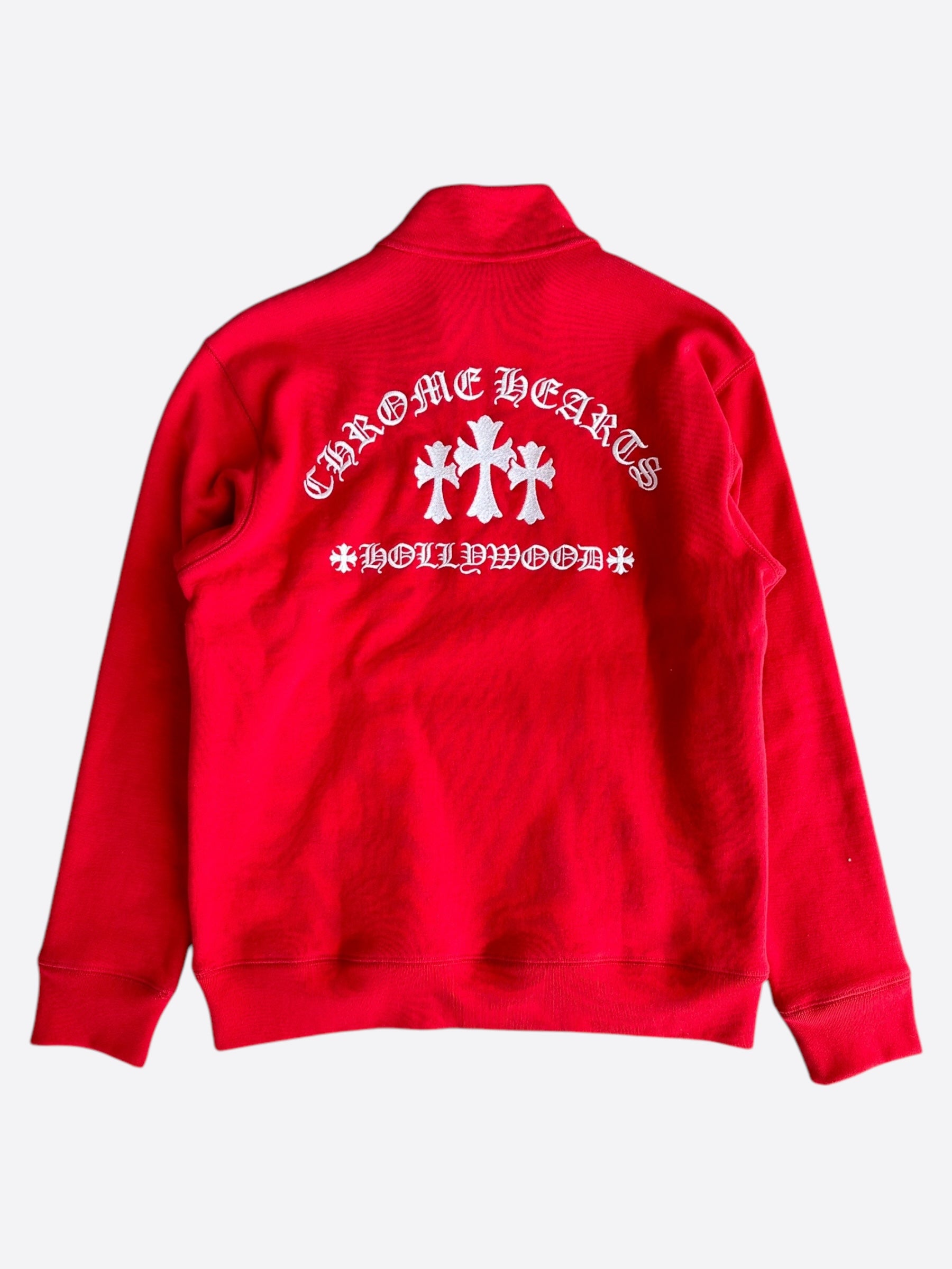 Chrome Hearts Red & White Triple Cross Embroidered Quarter Zip Sweater for Men - Stylish Embroidered Pullover for Casual Wear & Street Fashion