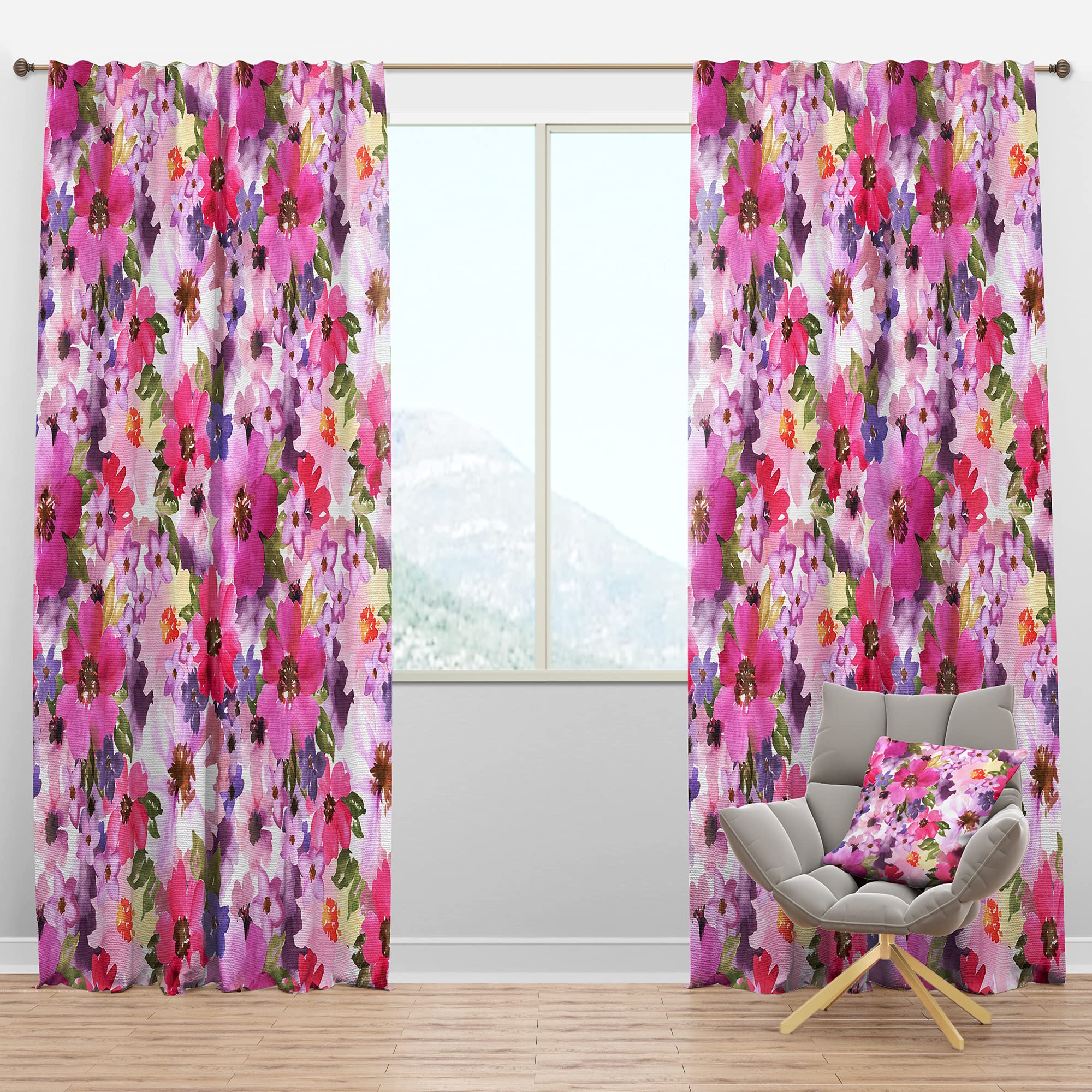 Watercolor Painted Pink & Purple Floral Blackout Curtains - Thermal Insulated Room Darkening Drapes for Bedroom & Living Room (52x90, Single Panel) - Perfect for Nursery, Home Theater & Light Sleepers