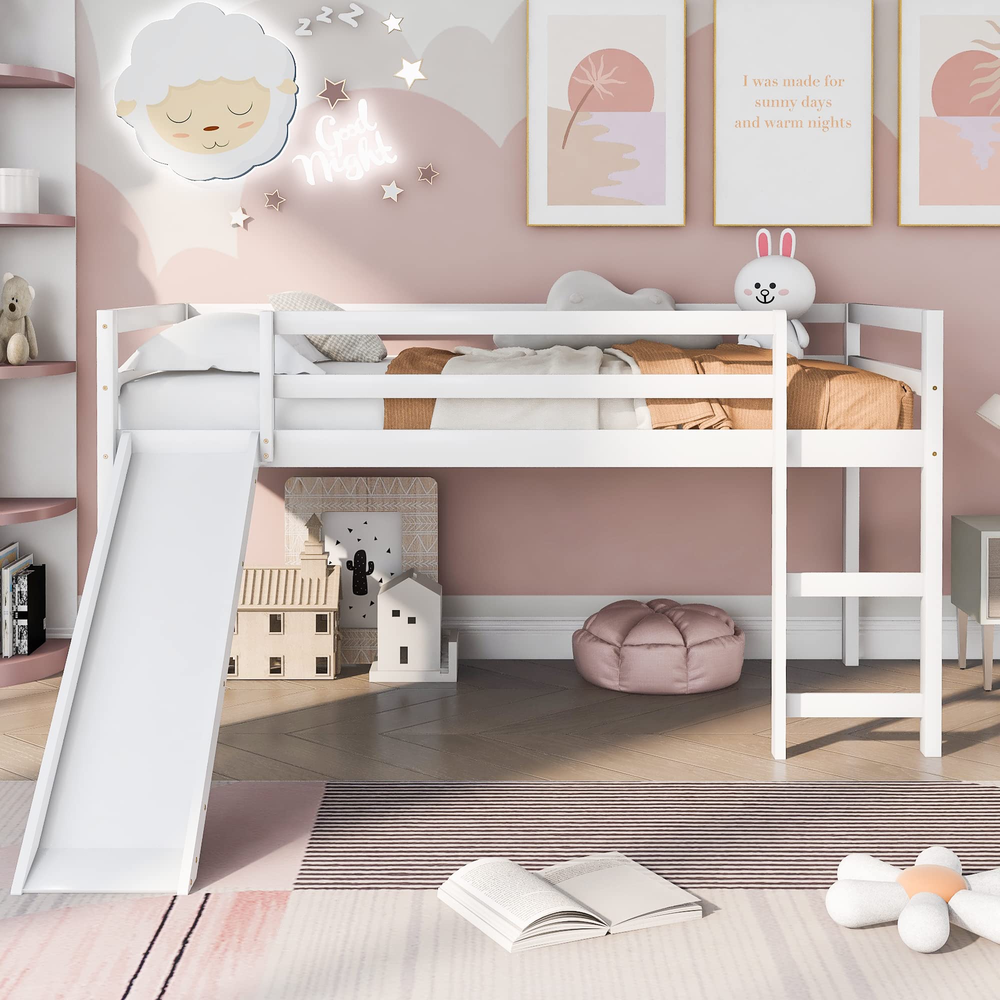 Merax White Wooden Low Loft Twin Bed with Slide - Multifunctional Kids Bed Frame, No Box Spring Needed | Perfect for Small Bedrooms, Playrooms & Dorm Rooms