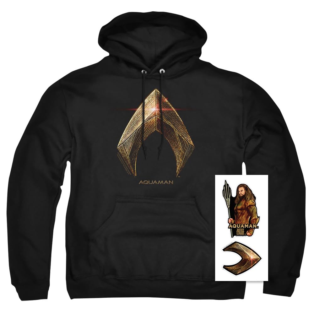 Justice League Aquaman Logo Pullover Hoodie Sweatshirt with Free Stickers - DC Comics Superhero Merchandise for Fans & Cosplay