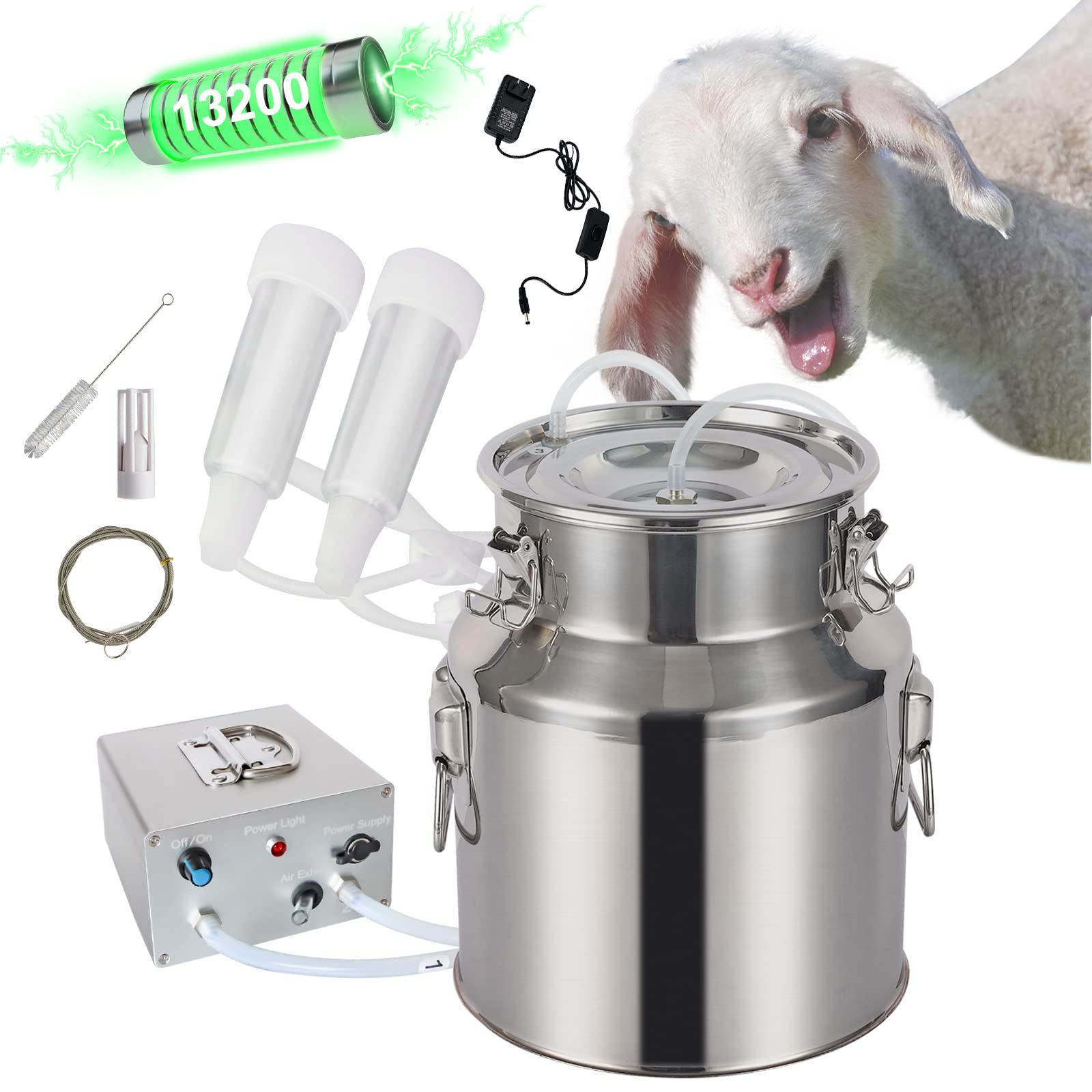 Electric Milking Machine for Goats & Cows - 3L/7L/14L Portable Pulsation Vacuum Pump Milker with Stainless Steel Milk Bucket - Perfect for Small Farms, Homesteads & Dairy Production