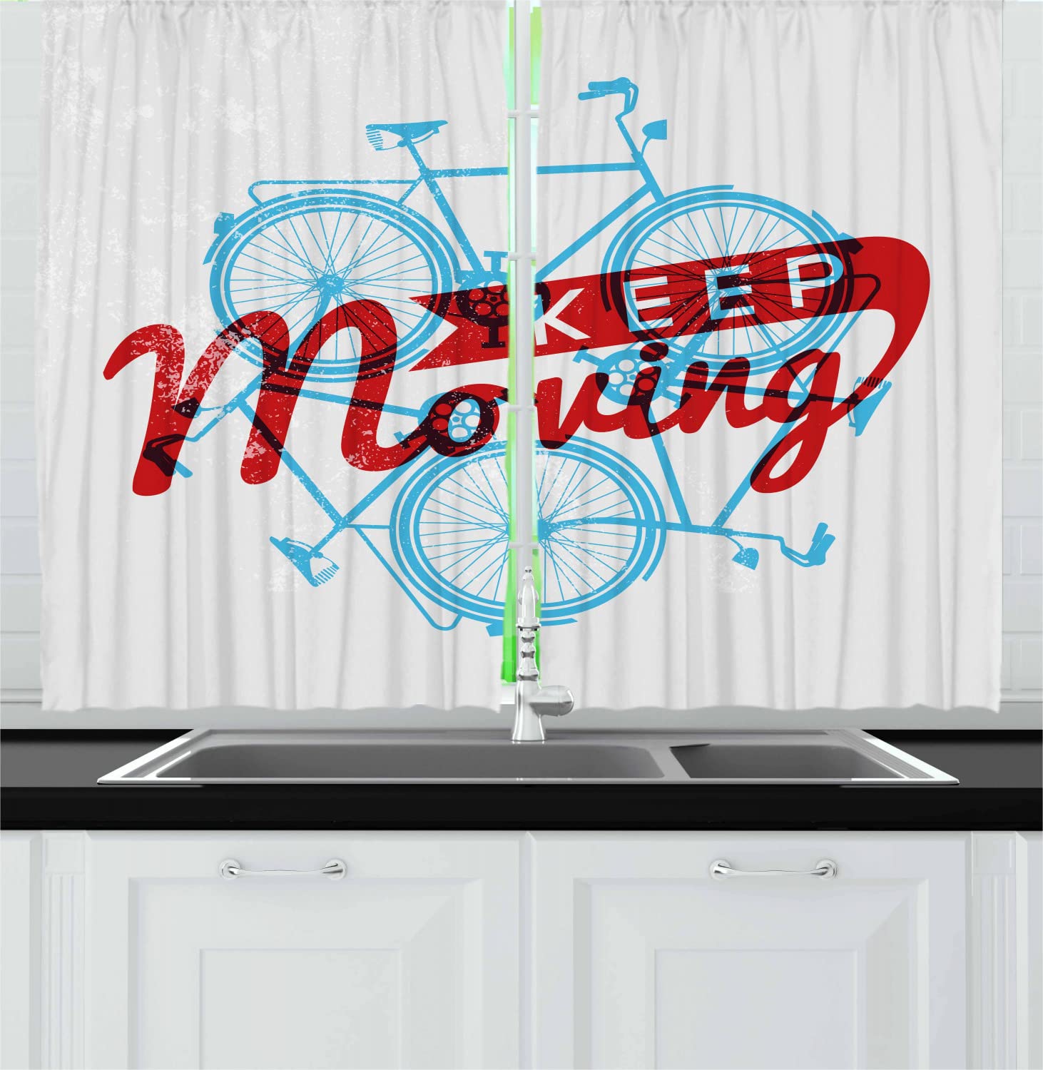Ambesonne Retro Long Kitchen Curtains - Vintage Bicycle Grunge Design with Keep It Moving Phrase - 2 Panel Rod Pocket Drapes for Windows (55x45 Inches) - Sky Blue & Red Coconut Colors - Perfect for Hipster Lifestyle Home Decor, Cafe Style Kitchens & Bohemian Living Spaces