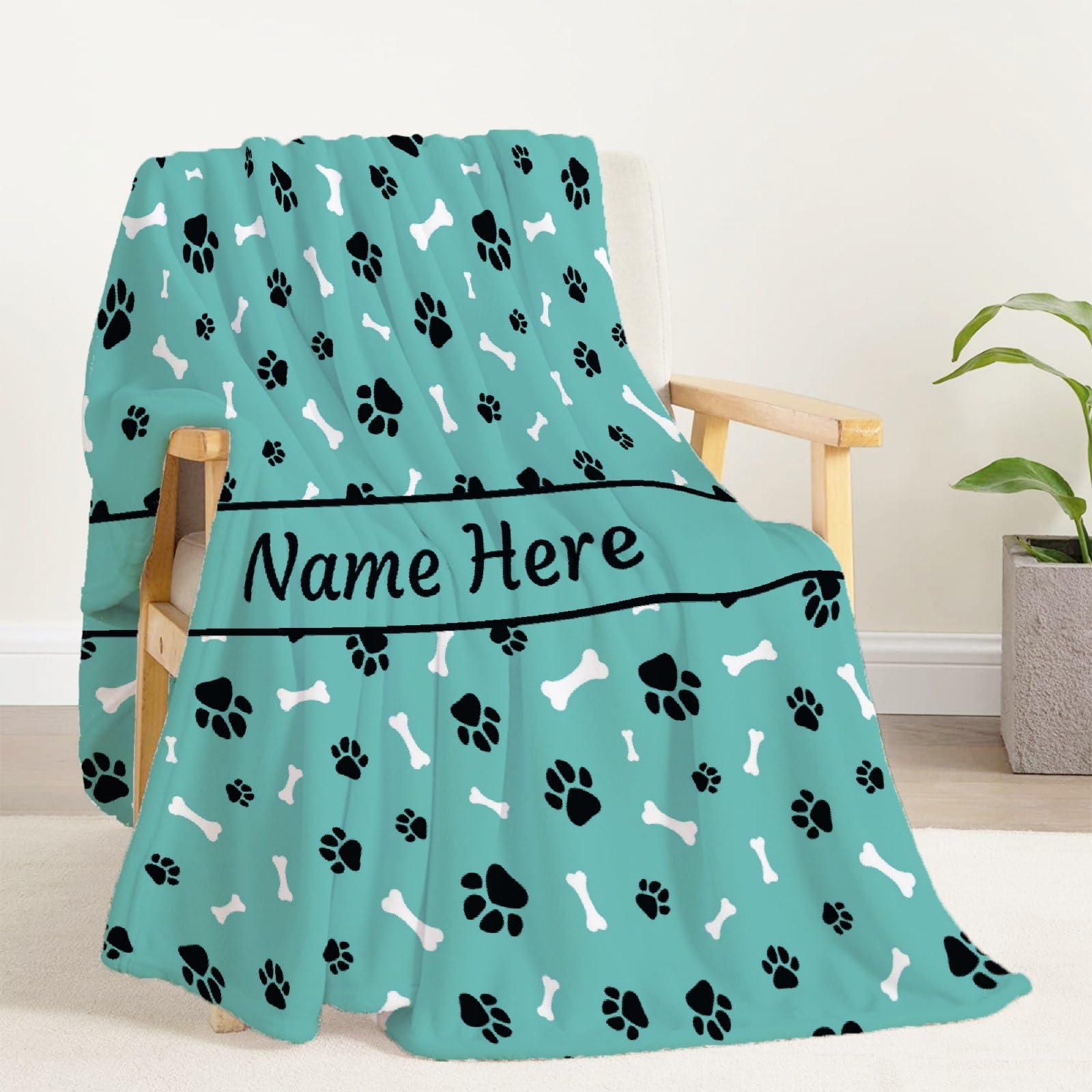 **Personalized Dog Blanket - Custom Name Pet Blanket for Dogs, Puppies - Soft Cozy Fleece Throw Blanket for Bed, Sofa & Travel - Perfect Gift for Dog Lovers, Mom, Dad - Cute Paws & Bones Design**    *(Use Scenes: Great for snuggling at home, keeping your pet warm during travel, or as a thoughtful gift for dog lovers!)*