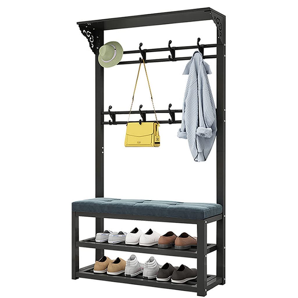 3-in-1 Entryway Hall Tree Bench with 2-Tier Shoe Storage, Seat Cushion & Coat Hooks - Space Saving Shoe Rack Organizer for Bedroom, Hallway, Living Room - Perfect for Small Apartments & Home Entryways