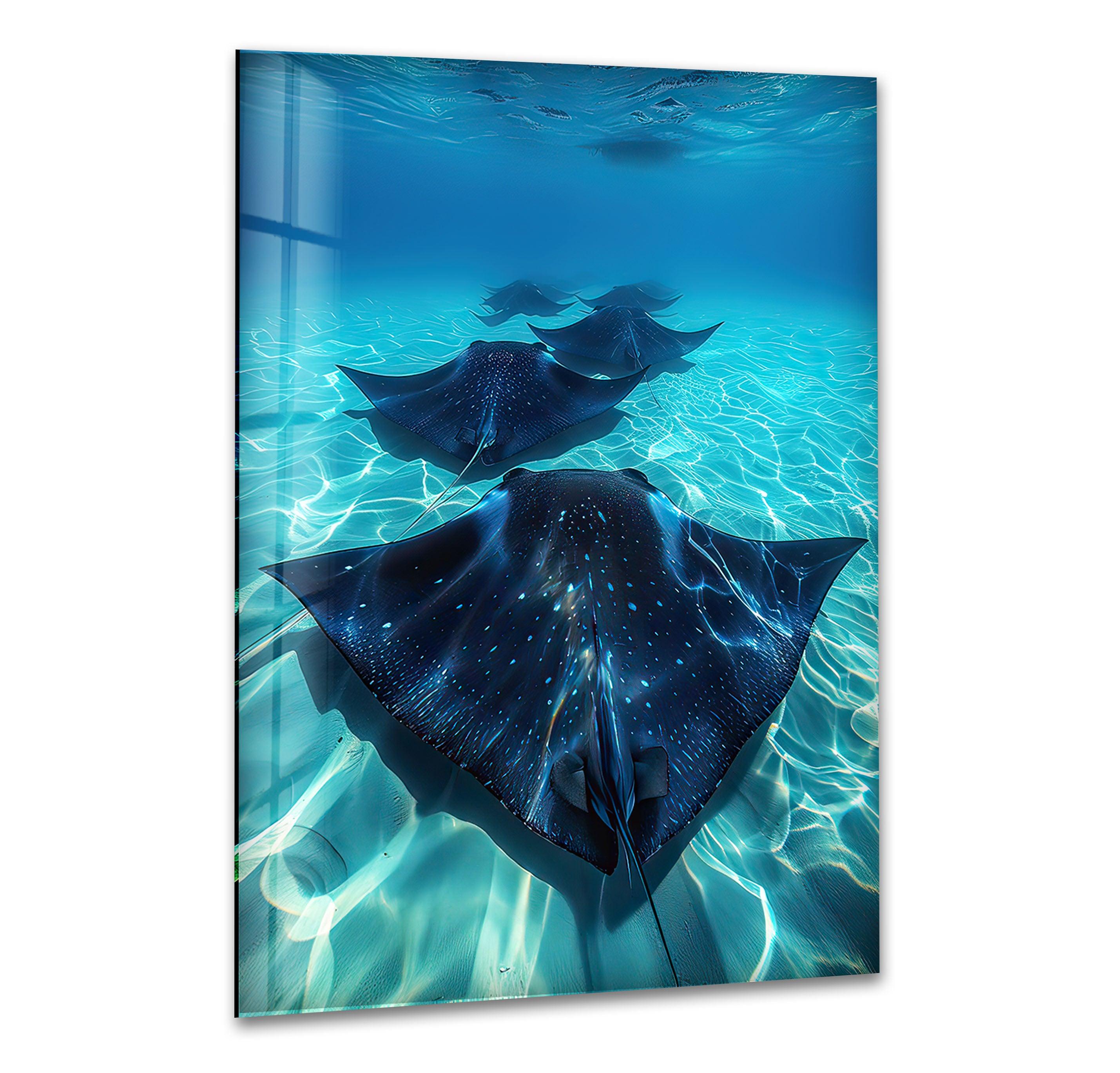 Blue Manta Ray Glass Wall Art - Handcrafted Ocean Themed Decor for Living Room, Bedroom & Office - Perfect Coastal Home Decor Gift