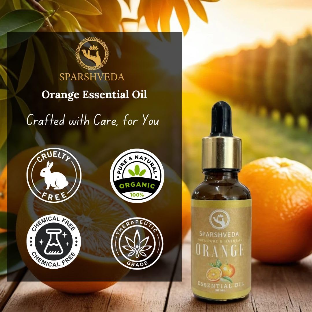 Sparshveda 100% Pure Organic Orange Essential Oil – Steam Distilled, Therapeutic Grade, Natural Citrus Oil for Aromatherapy, Diffuser, Skin & Hair Care (30ml) – Perfect for Relaxation, Massage & DIY Beauty Products