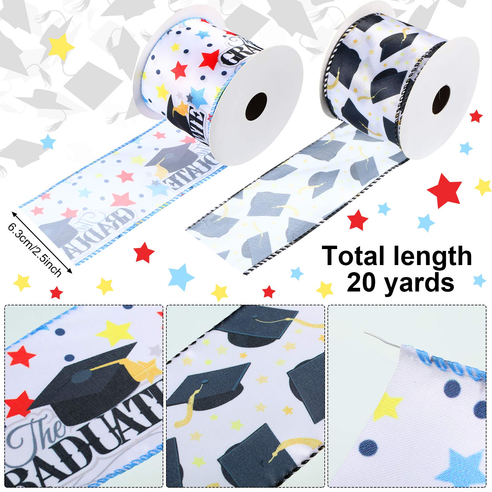 20 Yards Graduation Wired Ribbon with Hat Pattern - Decorative Edge Ribbon for Graduation Gifts, Party Decorations & Cap Embellishments - Perfect for Graduation Ceremonies, DIY Decor & Gift Wrapping