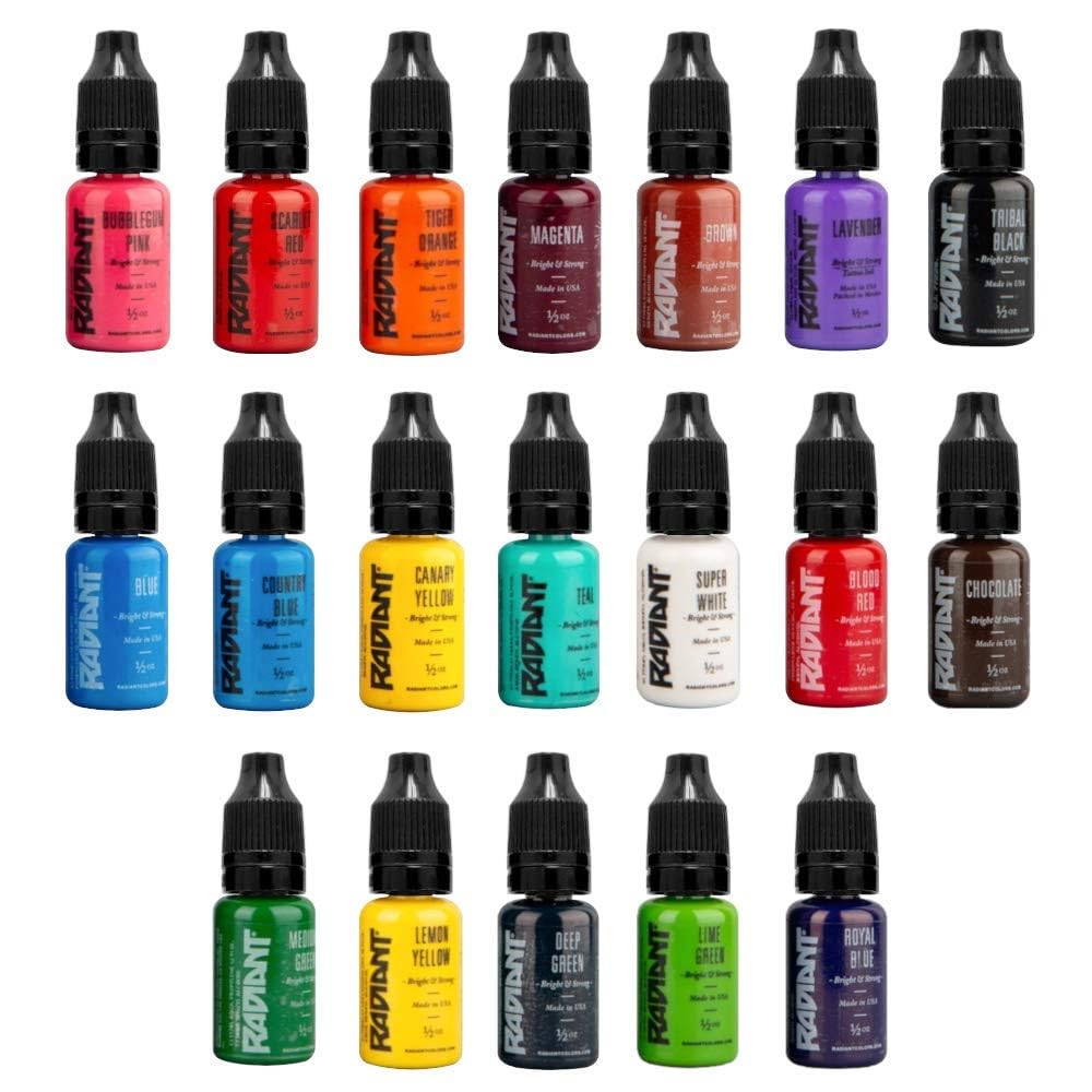 Vibrant 19-Color Professional Tattoo Ink Set - 1/2 oz Bottles for Tattoo Artists & Body Art Enthusiasts | Perfect for Sleeves, Cover-ups & Fine Line Work