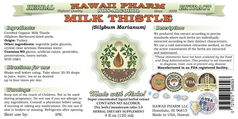 Organic Milk Thistle (Silybum marianum) Alcohol-Free Liquid Extract - Natural Herbal Supplement for Liver Support & Detox - USA Made by Hawaii Pharm - 4x4 oz Bottles - Perfect for Daily Wellness & Digestive Health