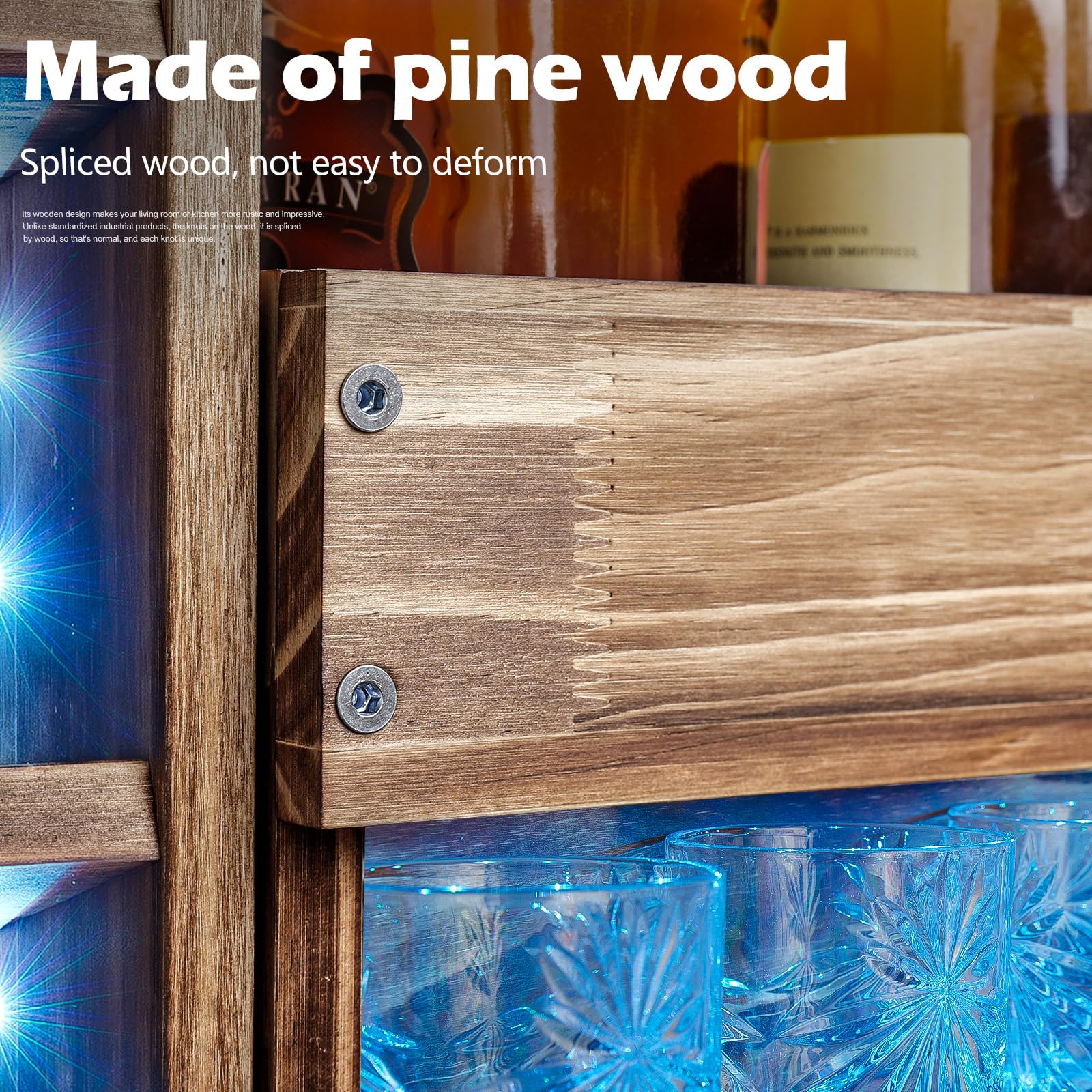 Wall Mounted Wooden Wine Rack with LED Lights - Rustic Alcohol Shelf with Bottle & Stemware Holder - Home Bar Storage with Cork Compartment - Perfect for Kitchen Decor & Wine Display in Dining Rooms